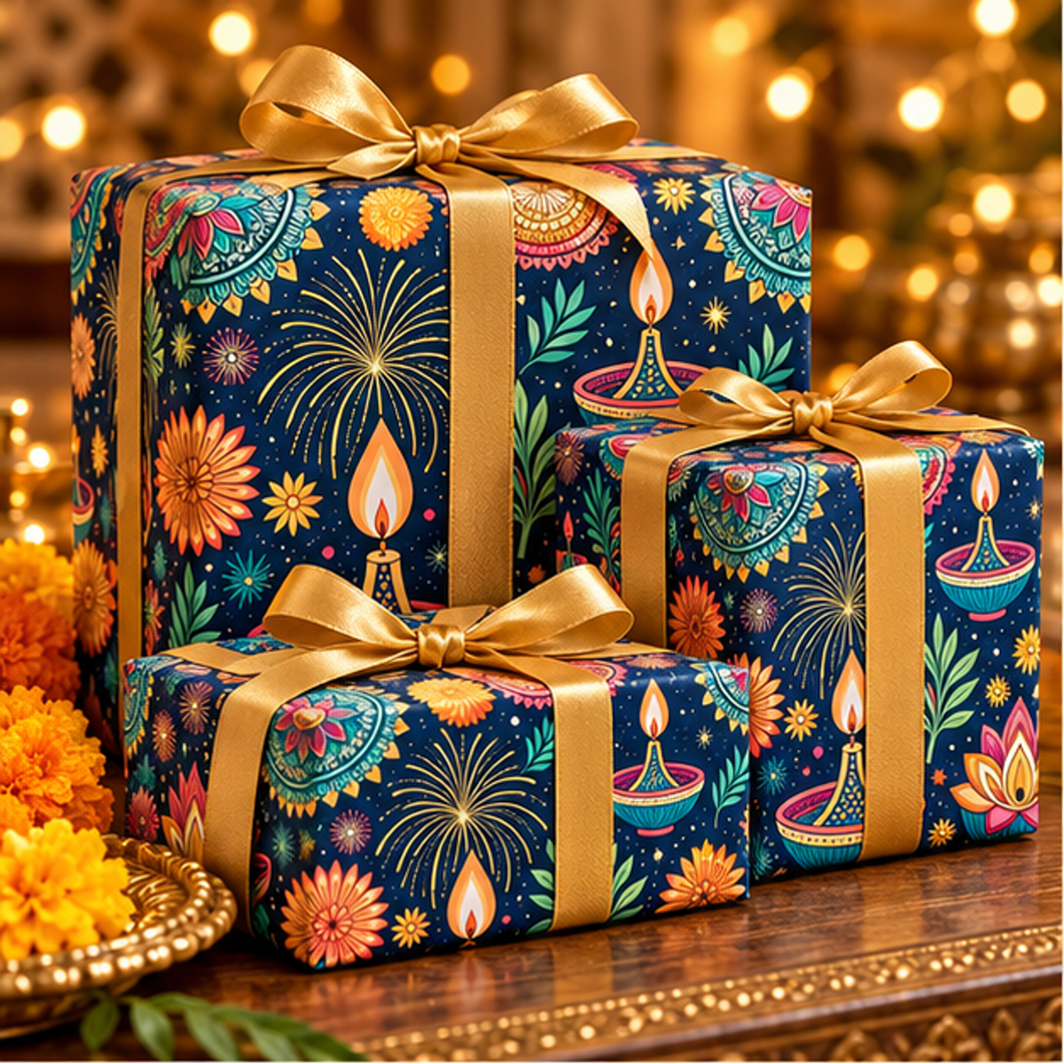 Diwali Wrapping Paper Roll - Teal Diyas & Fireworks Gift Wrap