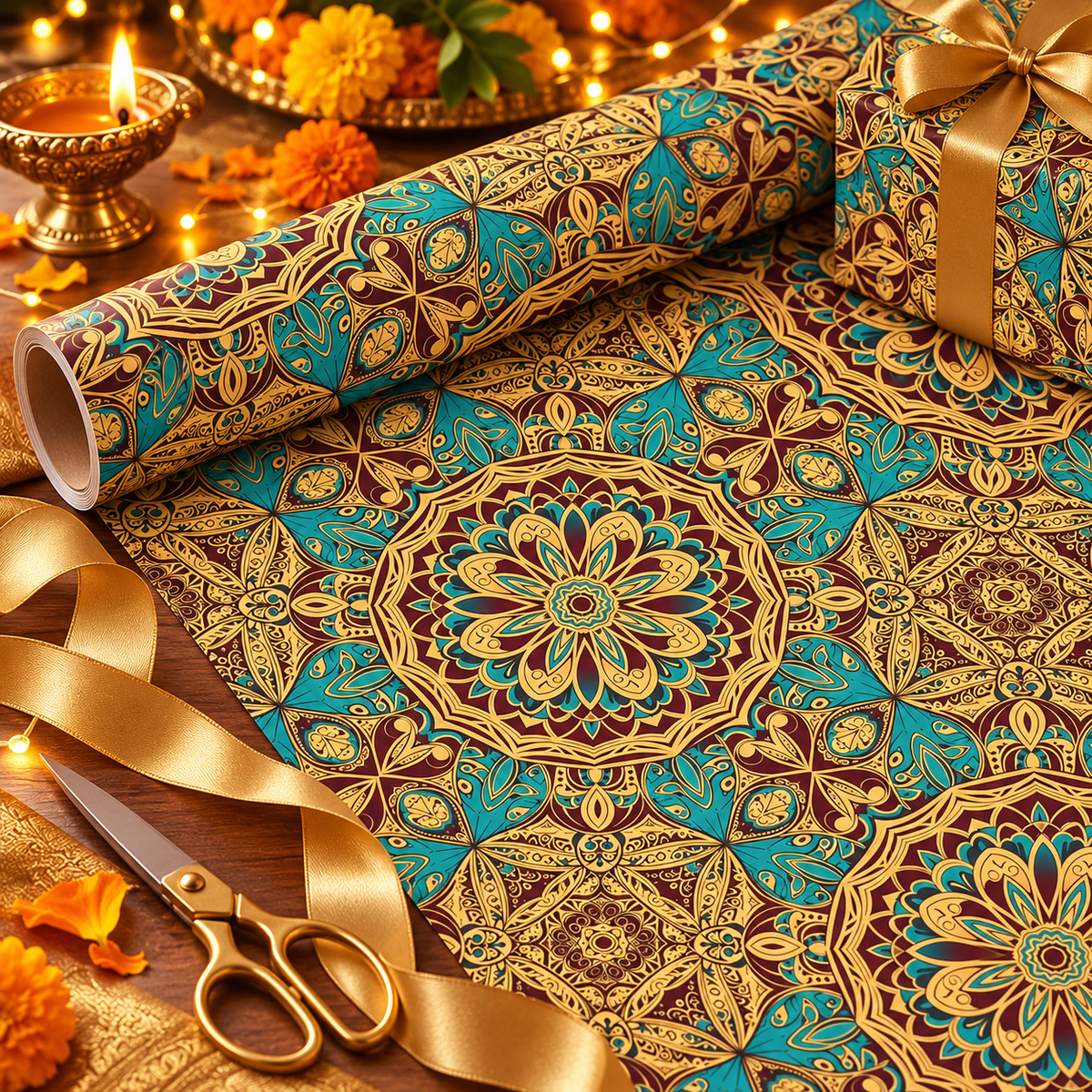 Diwali Wrapping Paper Roll - Teal Gold Mandala Indian Gift Wrap