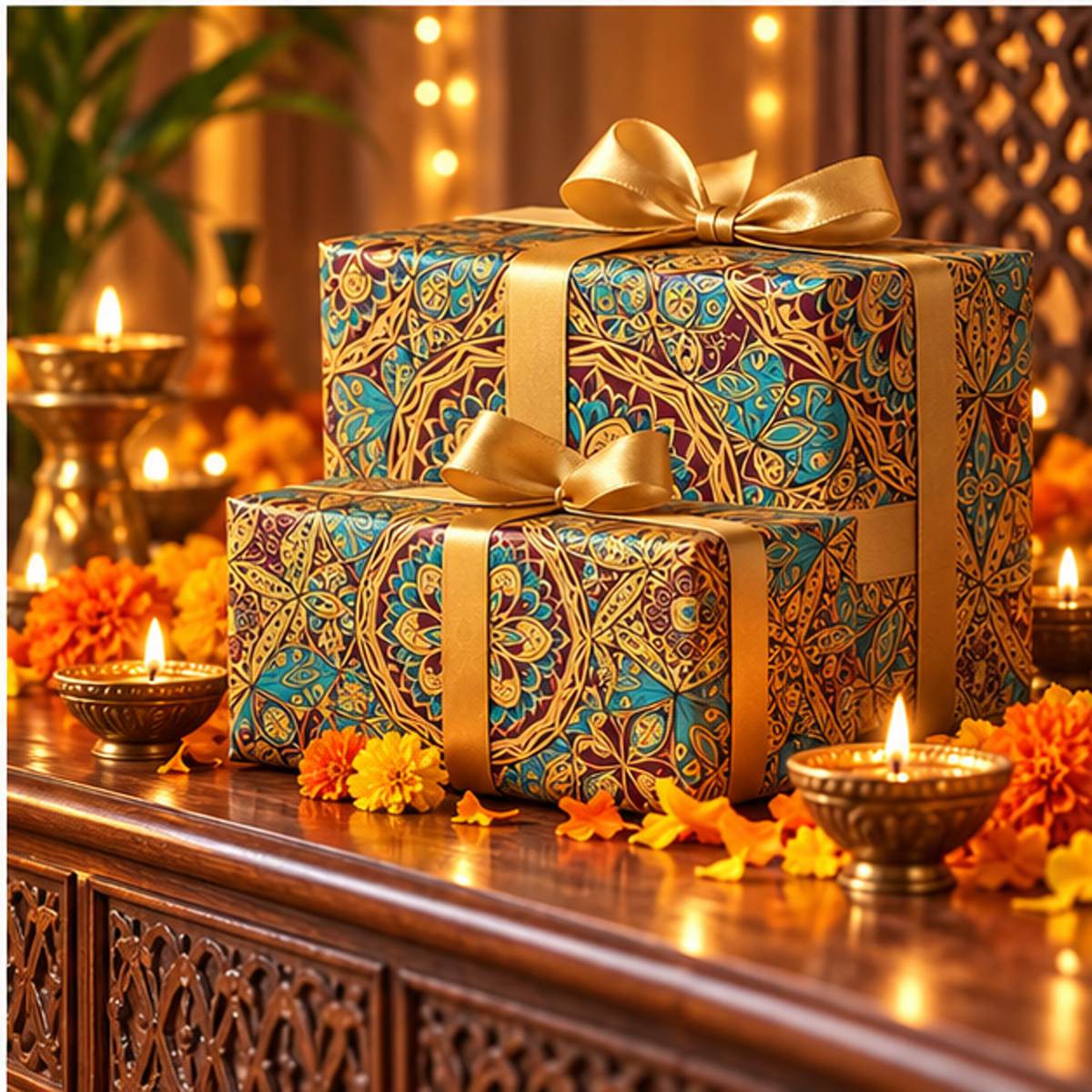 Diwali Wrapping Paper Roll - Teal Gold Mandala Indian Gift Wrap