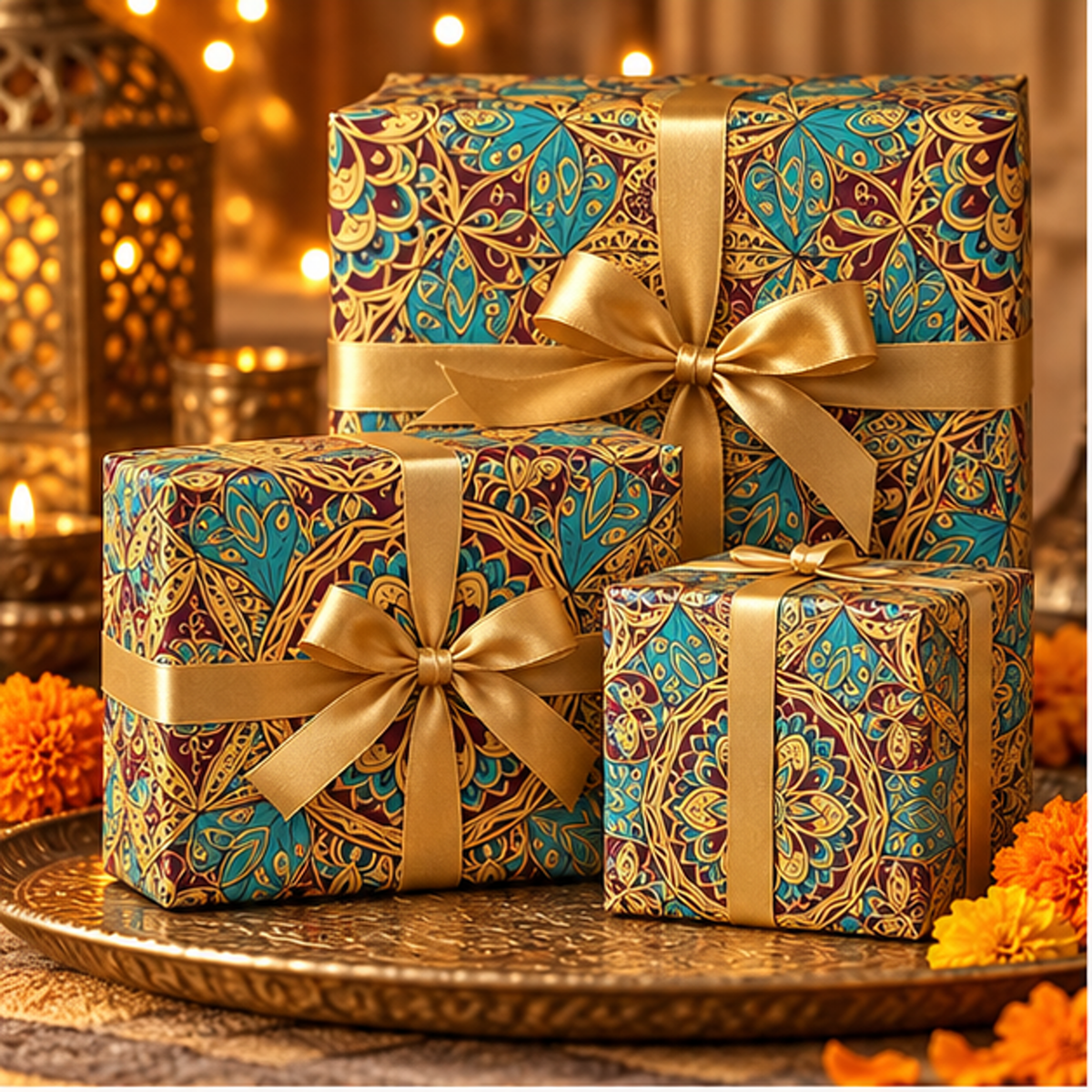 Diwali Wrapping Paper Roll - Teal Gold Mandala Indian Gift Wrap