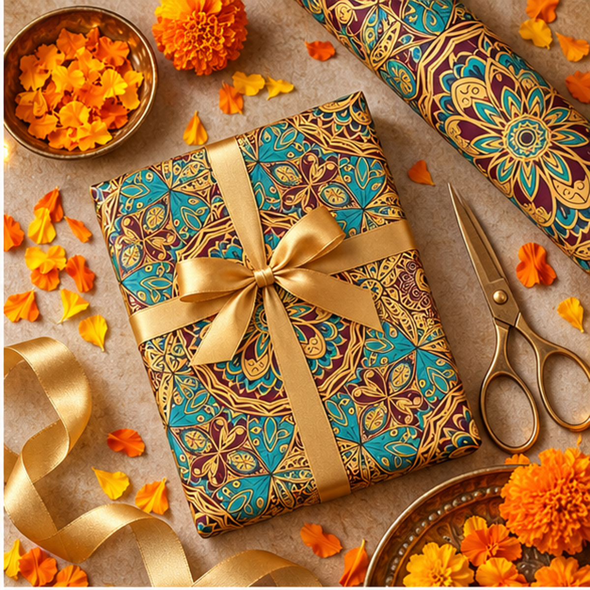 Diwali Wrapping Paper Roll - Teal Gold Mandala Indian Gift Wrap