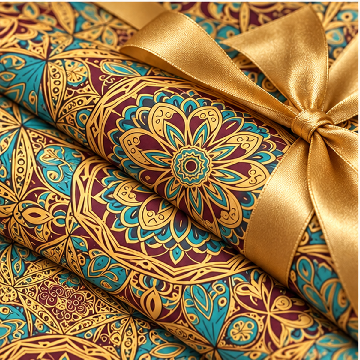 Diwali Wrapping Paper Roll - Teal Gold Mandala Indian Gift Wrap