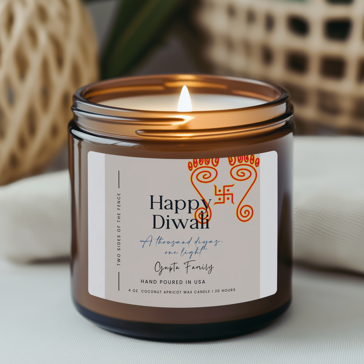 Personalized Diwali Candle - Devi Ma Festival Gift, Custom Family Name, 4 oz or 9 oz
