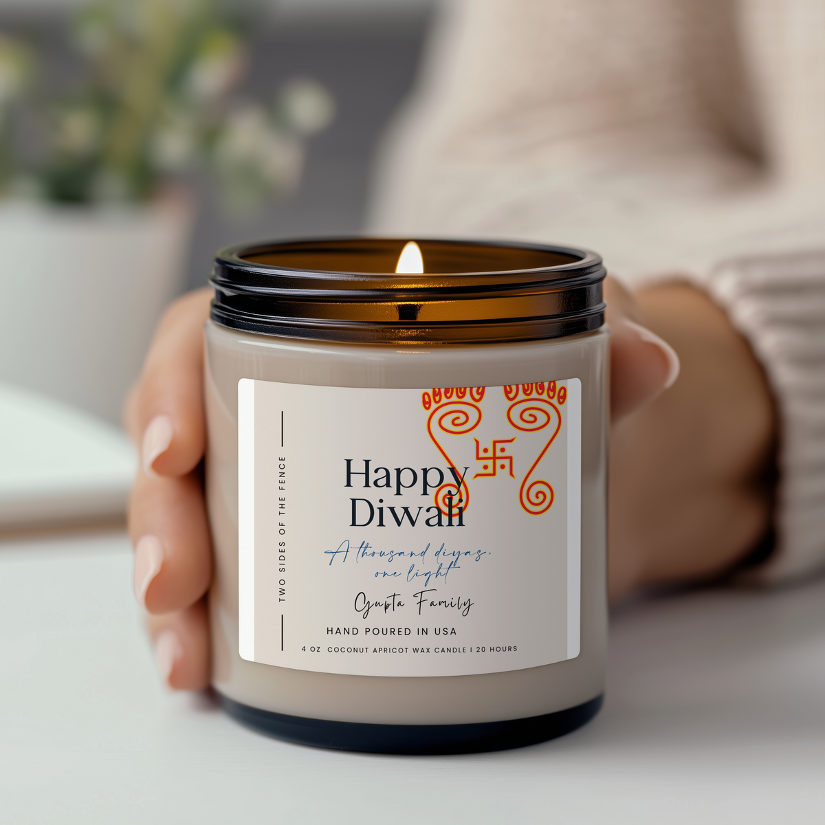 Personalized Diwali Candle - Devi Ma Festival Gift, Custom Family Name, 4 oz or 9 oz