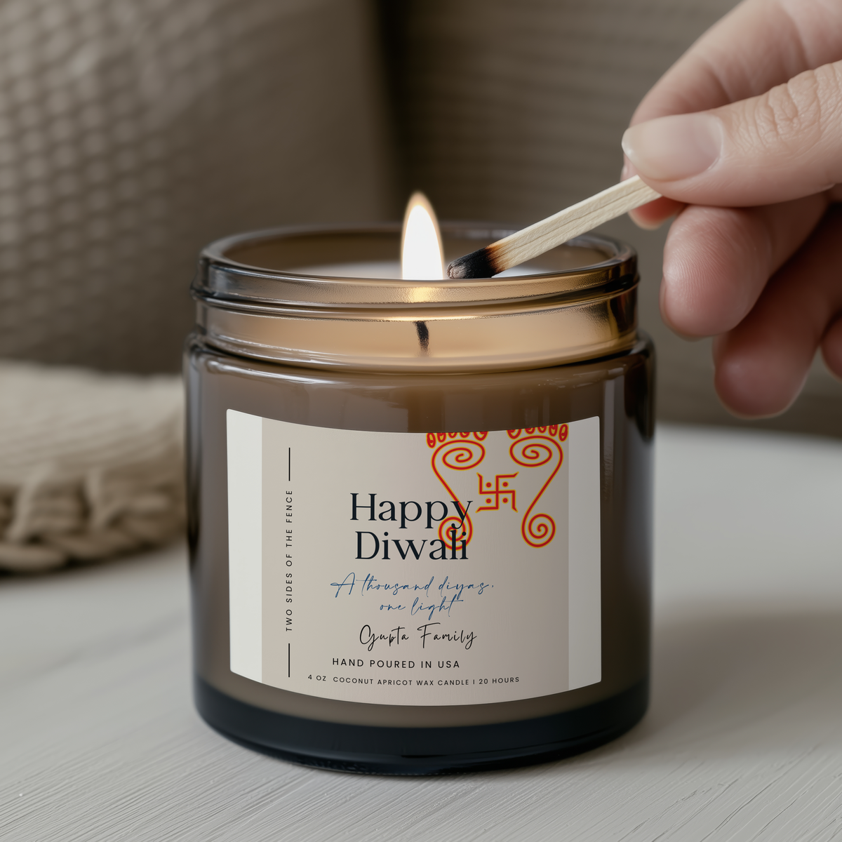 Personalized Diwali Candle - Devi Ma Festival Gift, Custom Family Name, 4 oz or 9 oz
