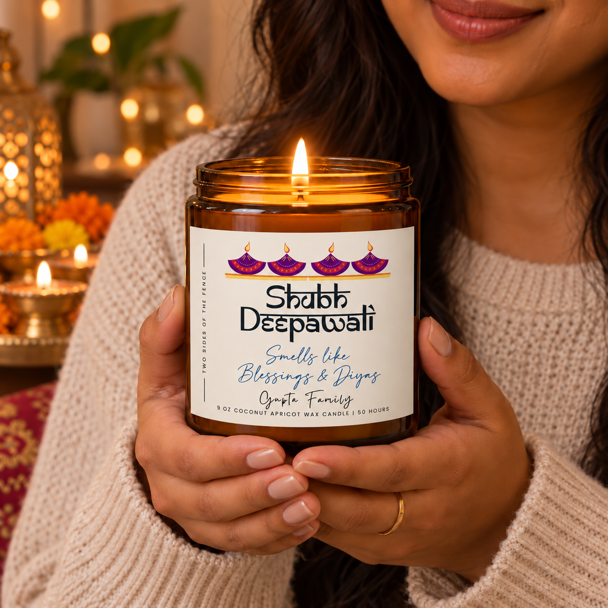 Personalized Shubh Deepawali Purple Diya Candle, 4 oz or 9 oz
