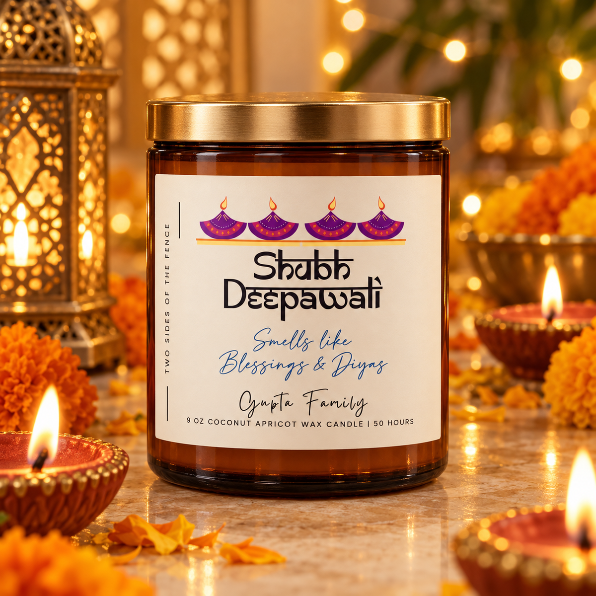 Personalized Shubh Deepawali Purple Diya Candle, 4 oz or 9 oz