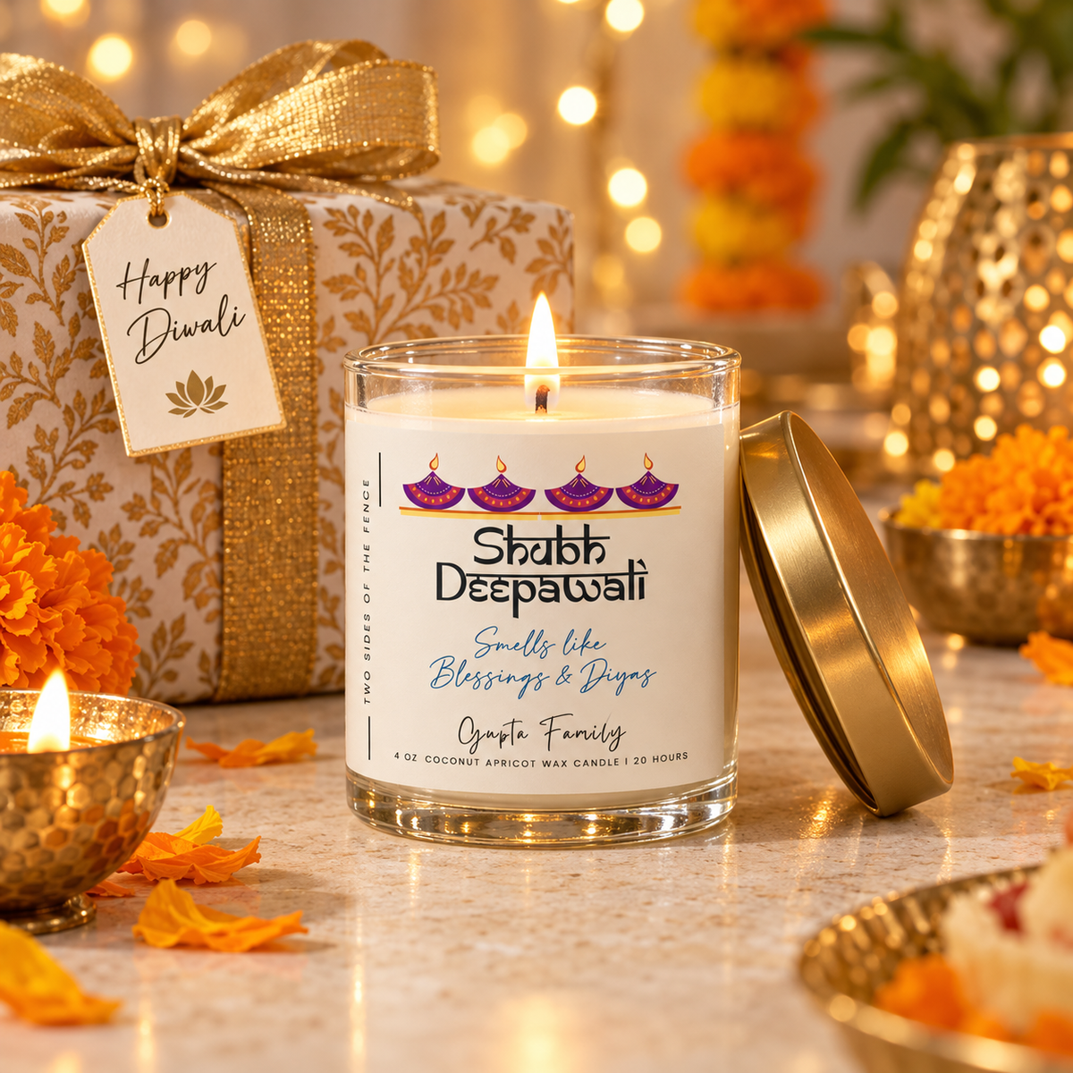Personalized Shubh Deepawali Purple Diya Candle, 4 oz or 9 oz