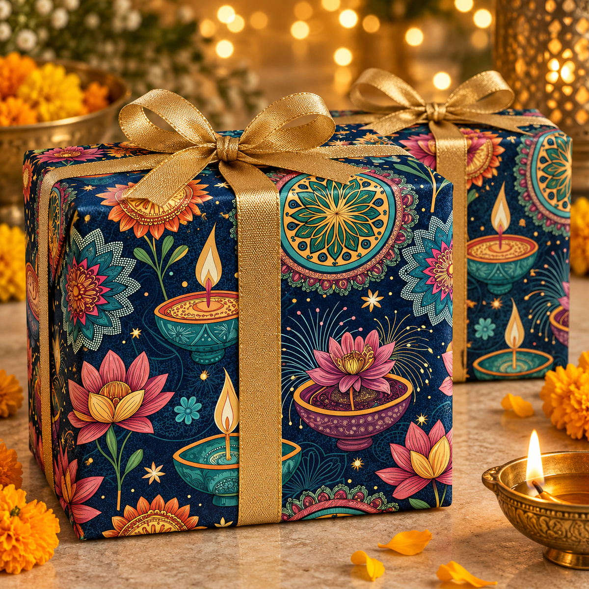 Diwali Wrapping Paper Roll - Navy Diyas, Lotus & Fireworks Indian Gift Wrap