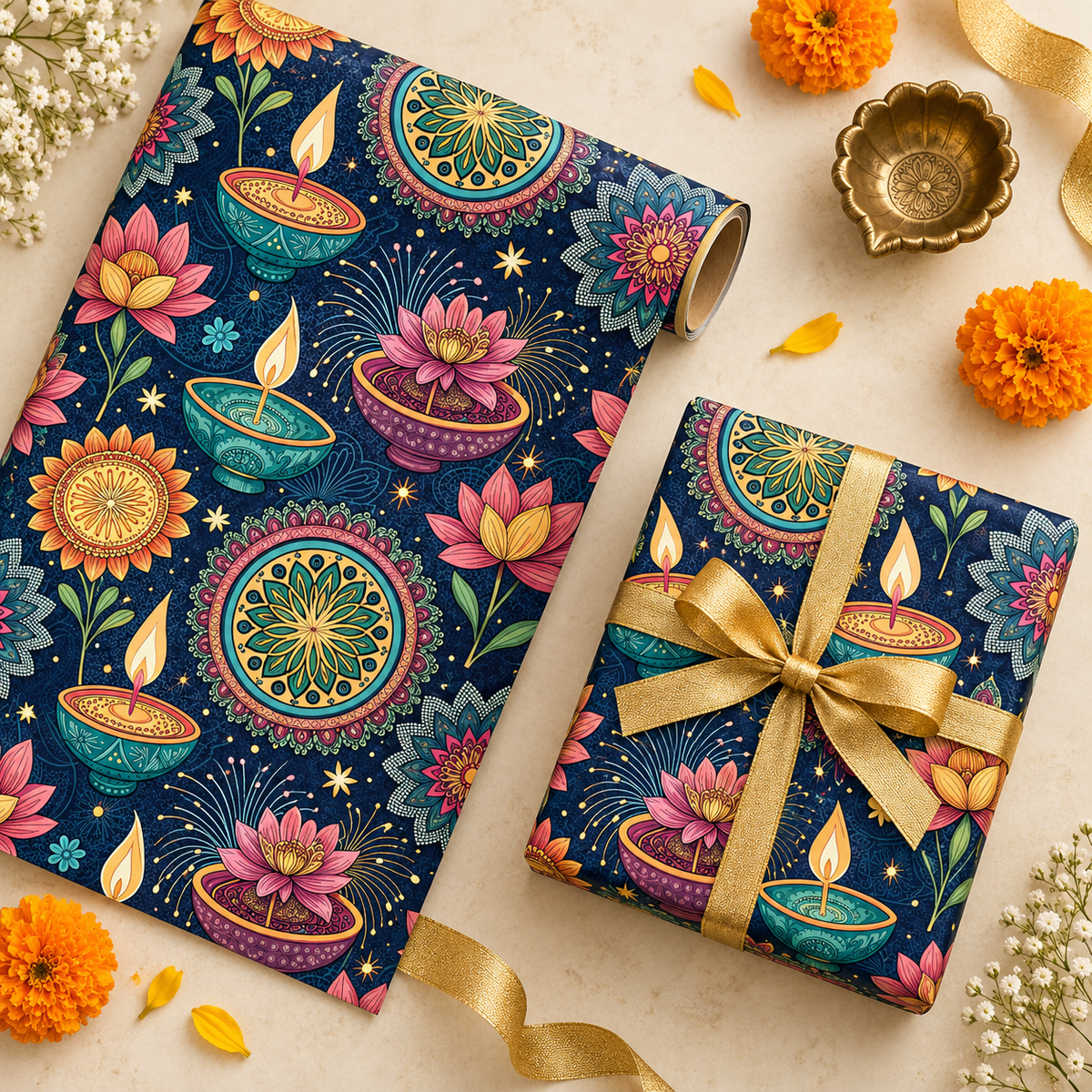 Diwali Wrapping Paper Roll - Navy Diyas, Lotus & Fireworks Indian Gift Wrap