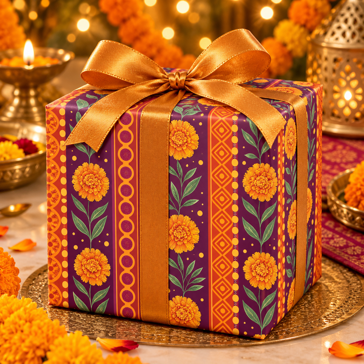 Diwali Wrapping Paper Roll - Marigold Festive Stripe Indian Gift Wrap