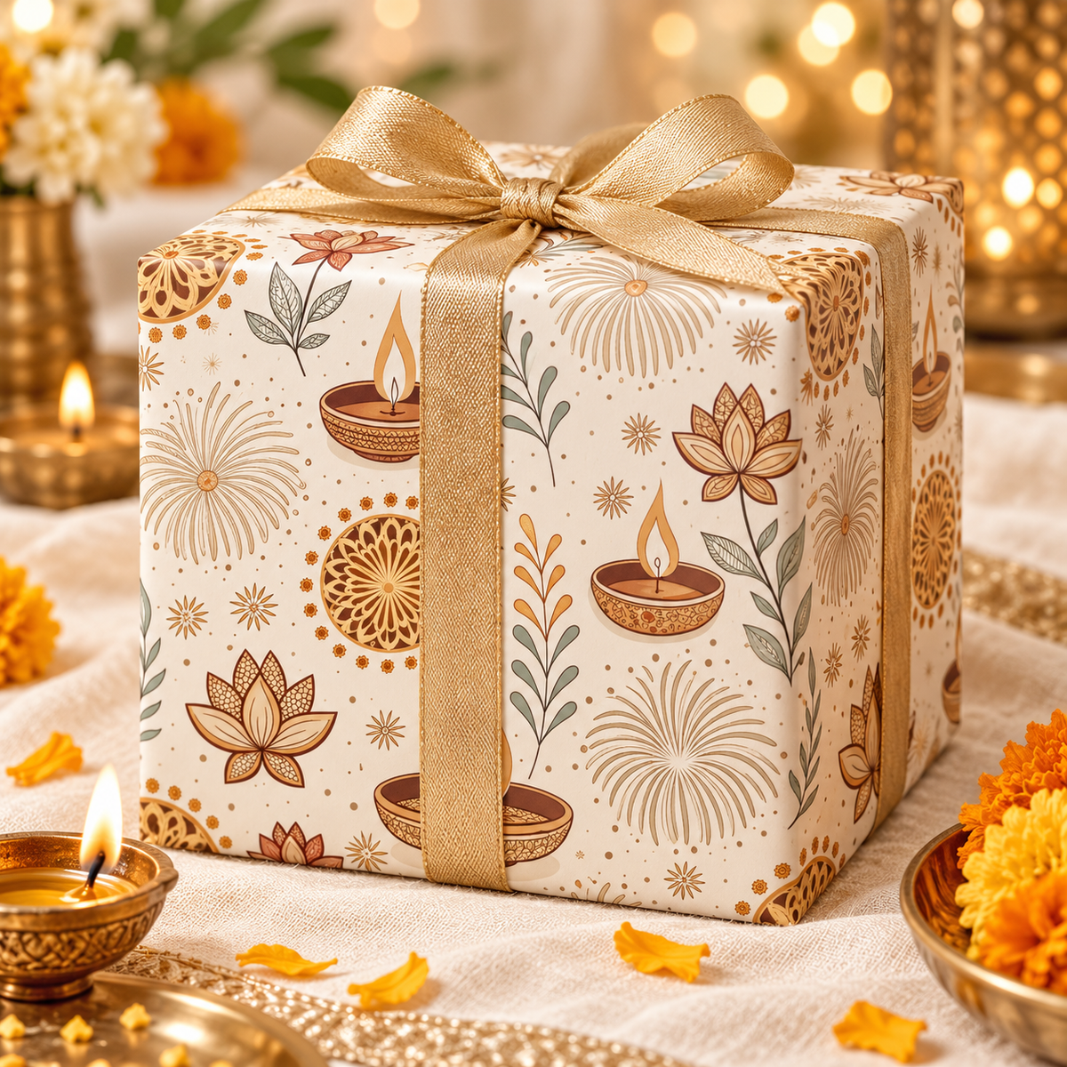 Diwali Wrapping Paper Roll - Ivory Botanical Diyas Indian Gift Wrap