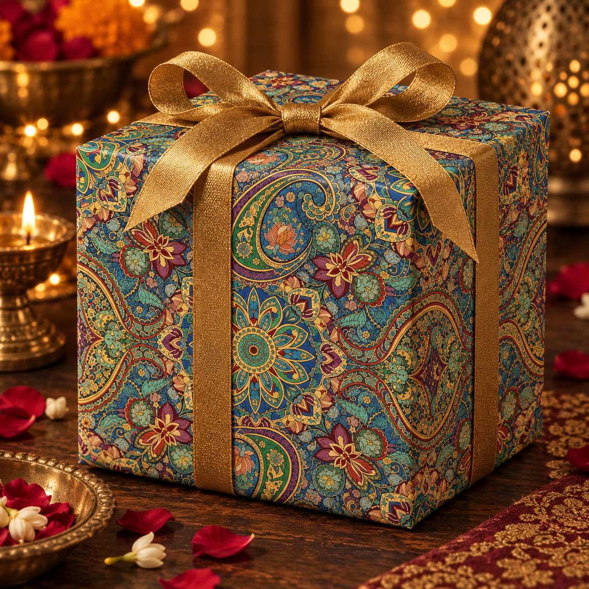 Diwali Wrapping Paper Roll - Vintage Jewel Paisley Indian Gift Wrap