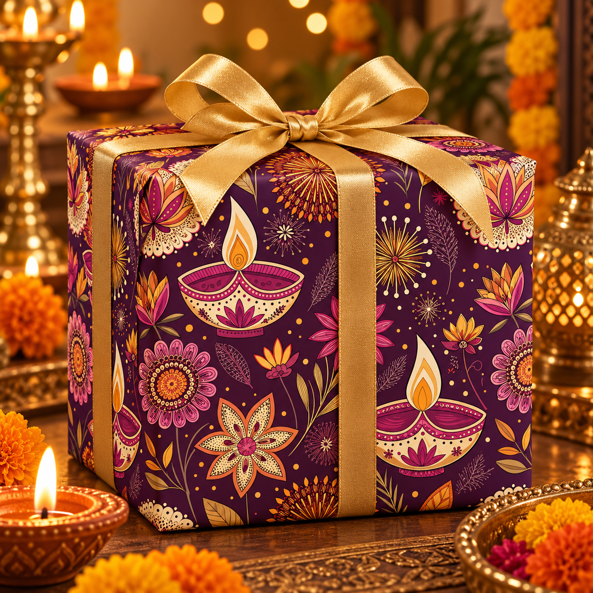 Diwali Wrapping Paper Roll - Purple Diyas & Floral Indian Gift Wrap