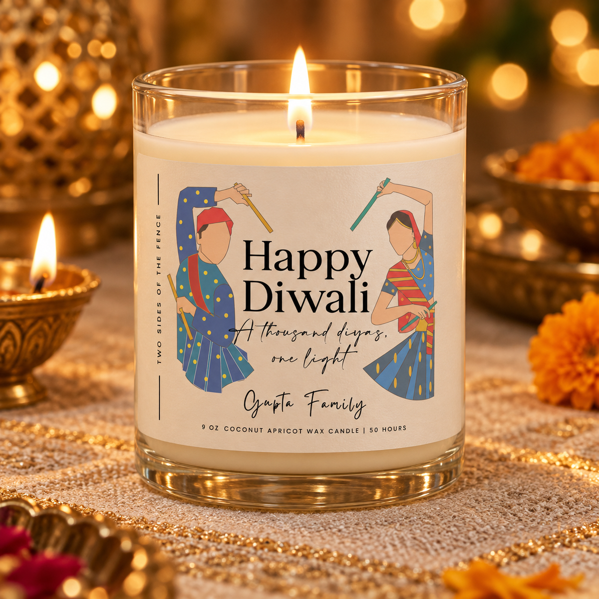 Personalized Diwali Candle - A Thousand Diyas Blue Couple, 9 oz