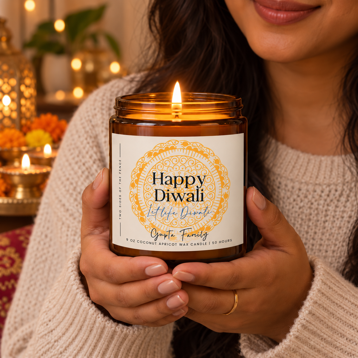 Personalized Diwali Candle - Let It Be Diwali Yellow Rangoli, 9 oz