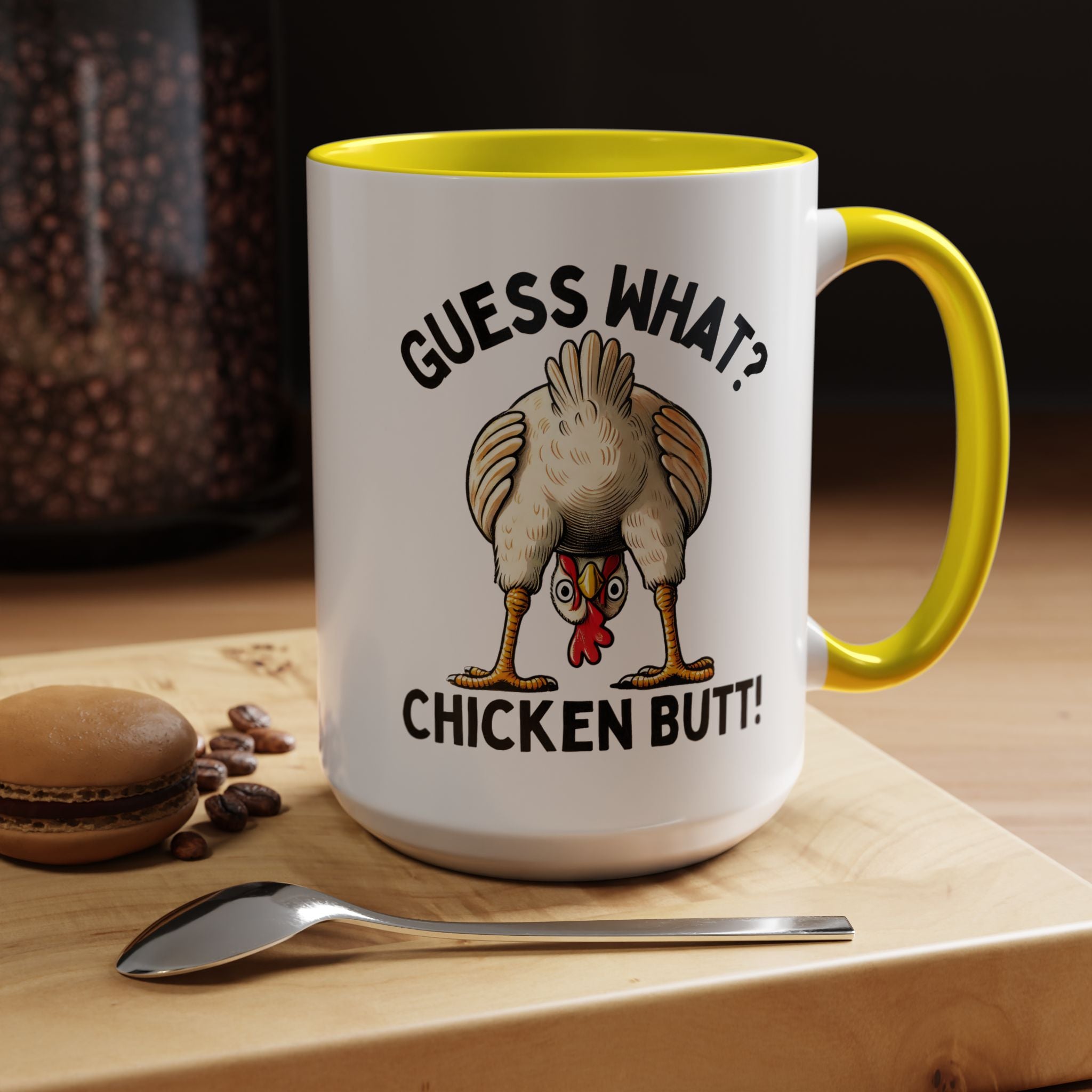 Funny Coffee Mug, Personalized Mug, Guess What Chicken Butt Accent Cup, Gift Under 20, White Elephant gift