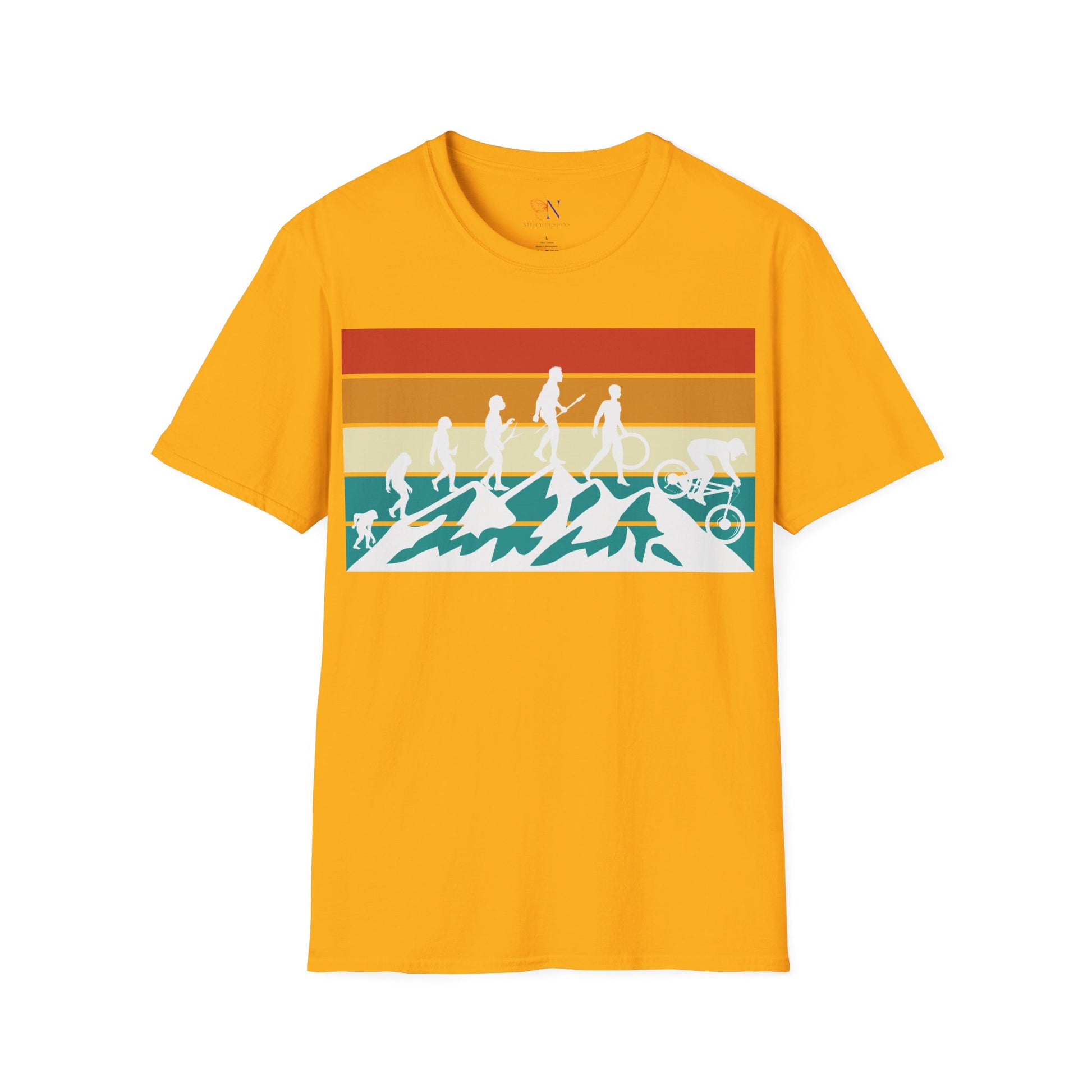 Yellow mountain biking retro t-shirt with vintage cyclist evolution graphic, perfect biker or bike lover gift.