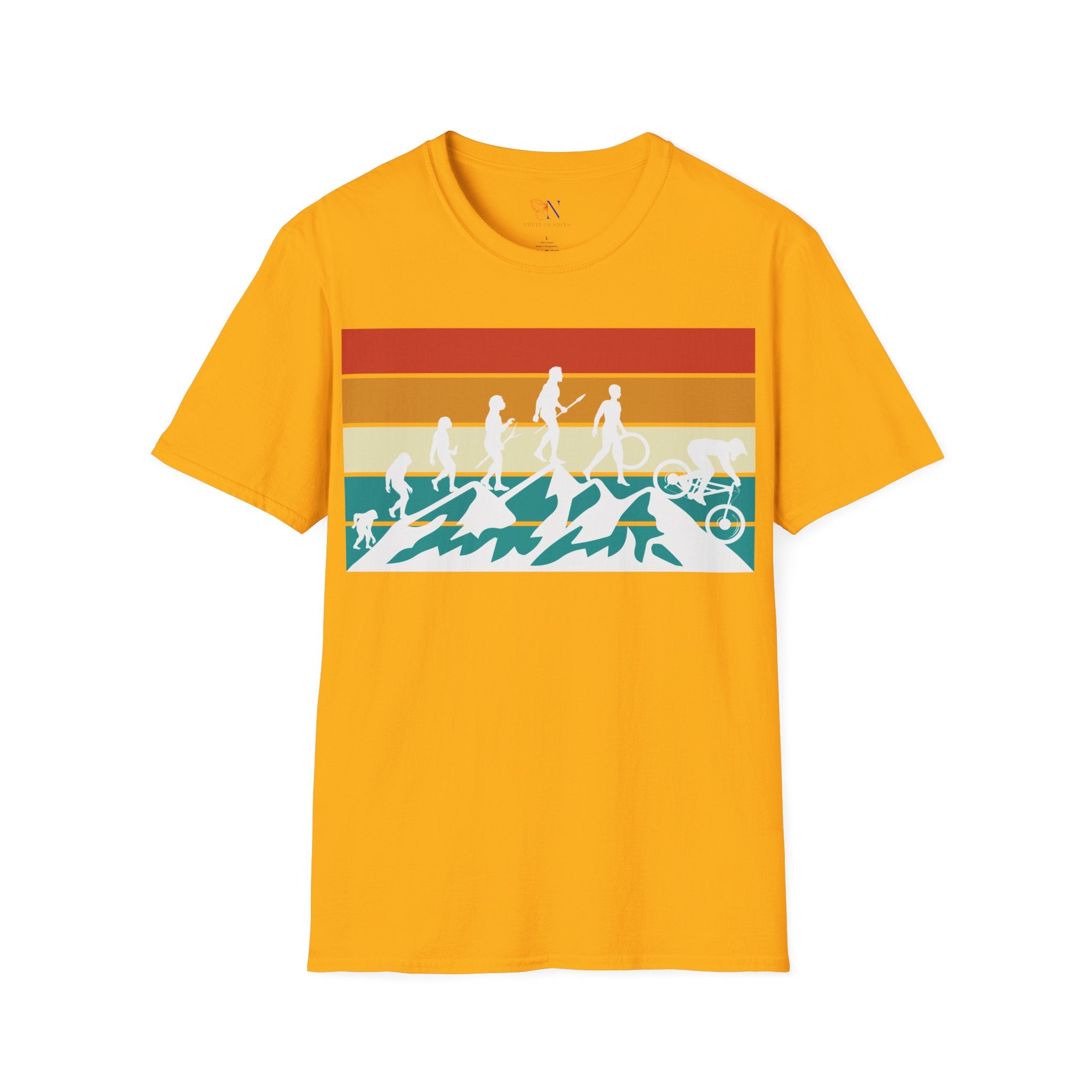 Yellow mountain biking retro t-shirt with vintage cyclist evolution graphic, perfect biker or bike lover gift.