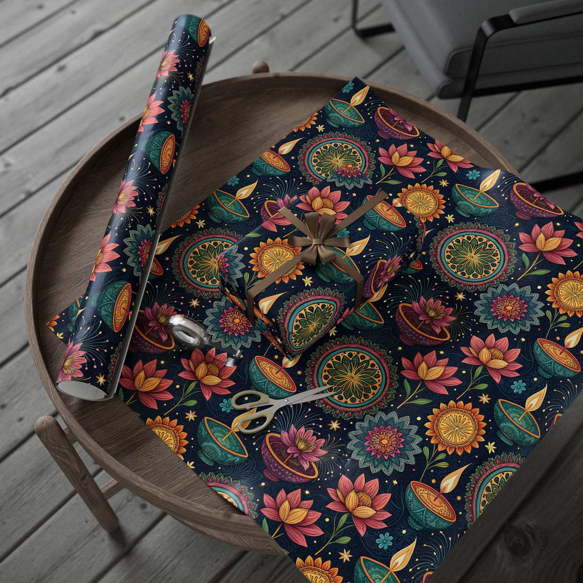 Diwali Wrapping Paper Roll - Navy Diyas, Lotus & Fireworks Indian Gift Wrap