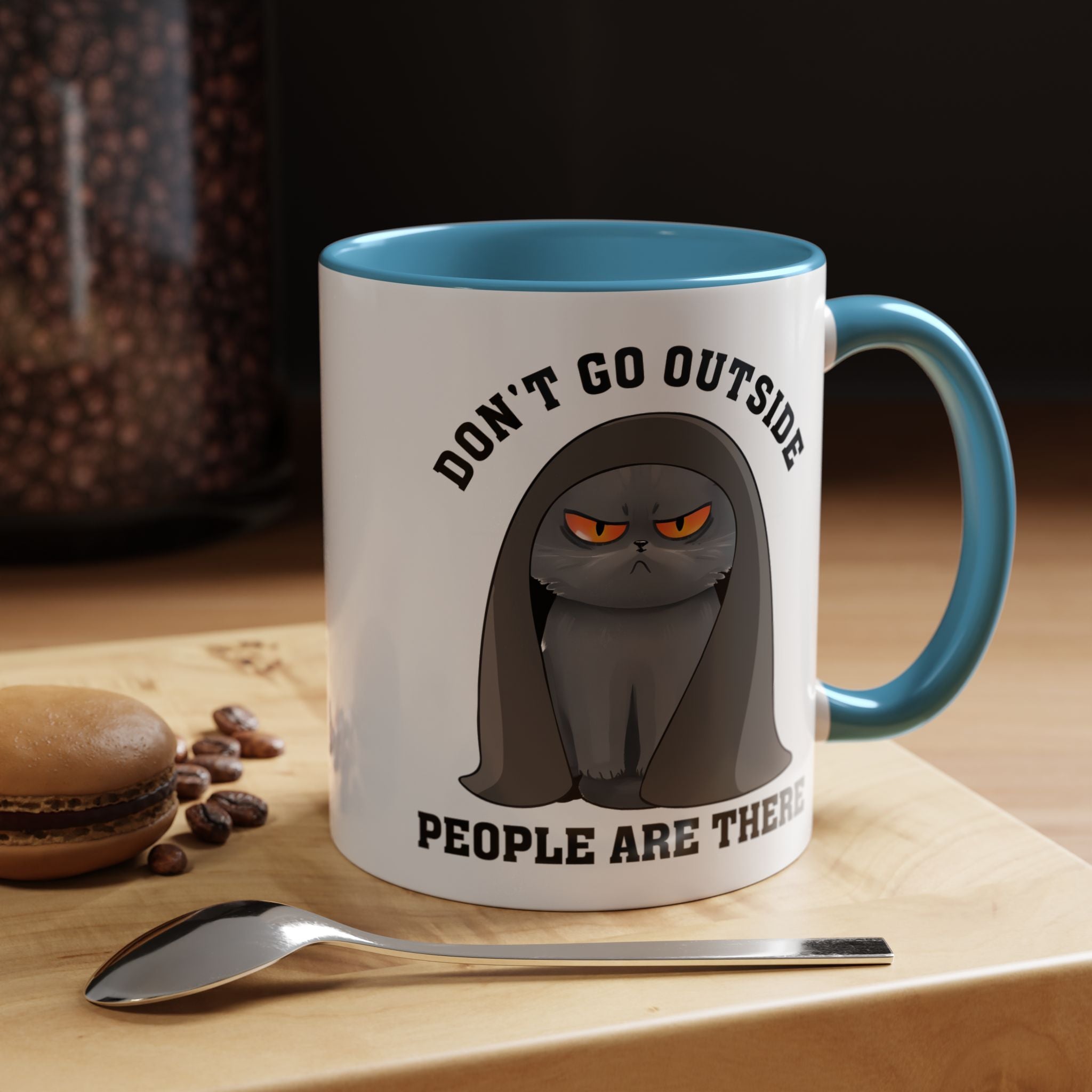 Funny Coffee Mug, Personalized Mug, Grumpy Cat Don't Go Outside People Are There Accent Cup (11, 15oz), Gift Under 20, White Elephant