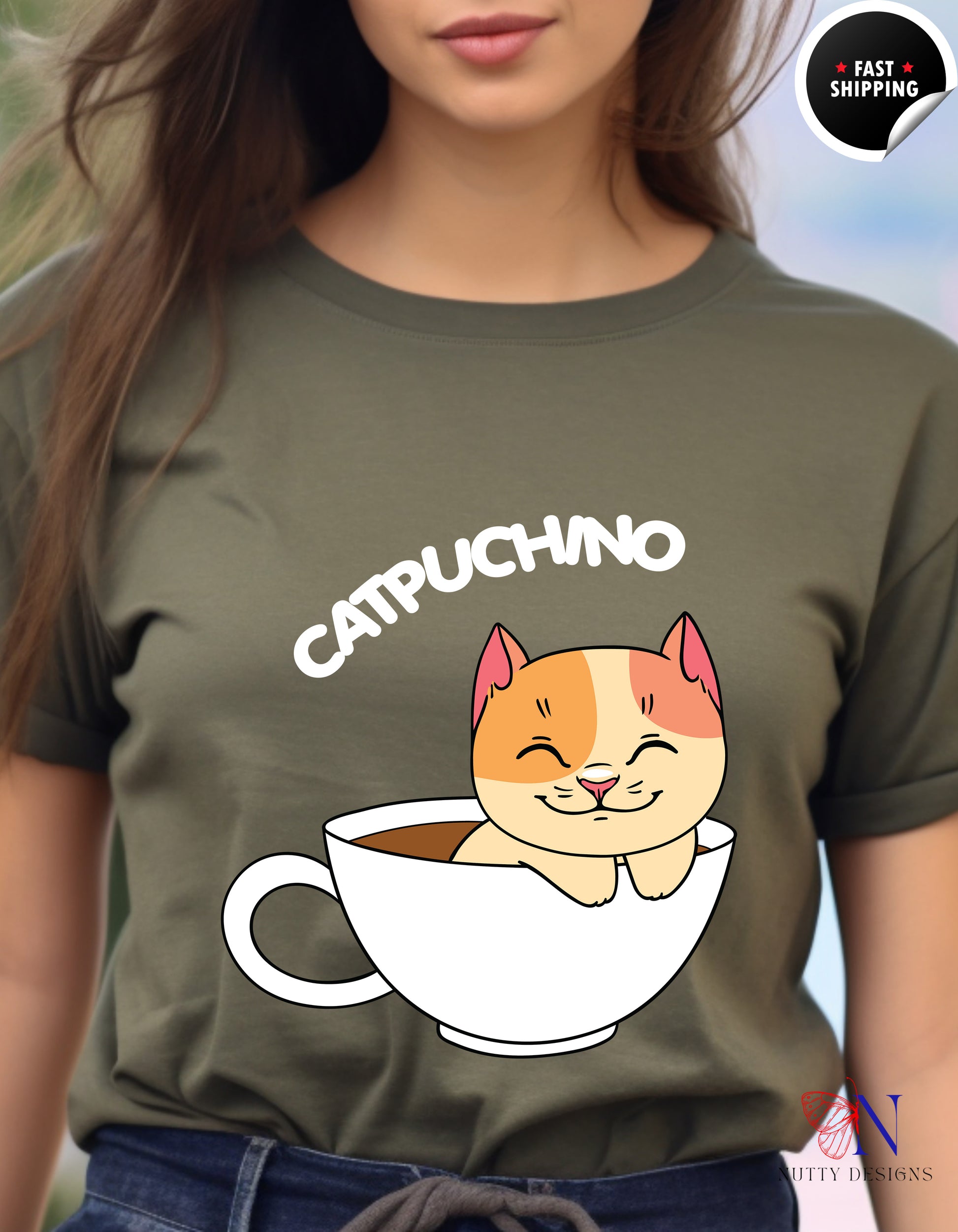 Cat Coffee Lover Shirt, Catpuchino T-Shirt Lifestyle Mockup | Nutty Designs