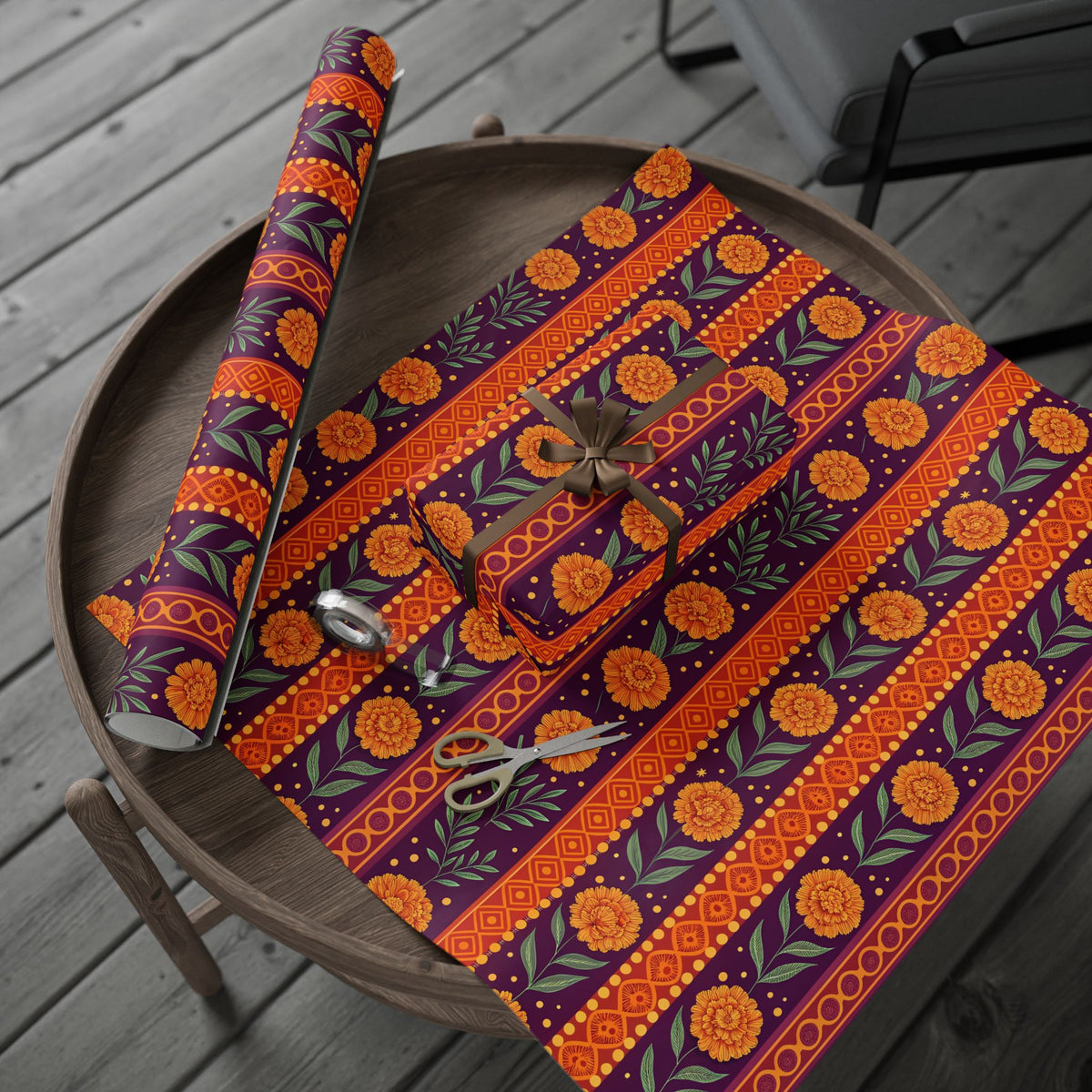 Diwali Wrapping Paper Roll - Marigold Festive Stripe Indian Gift Wrap