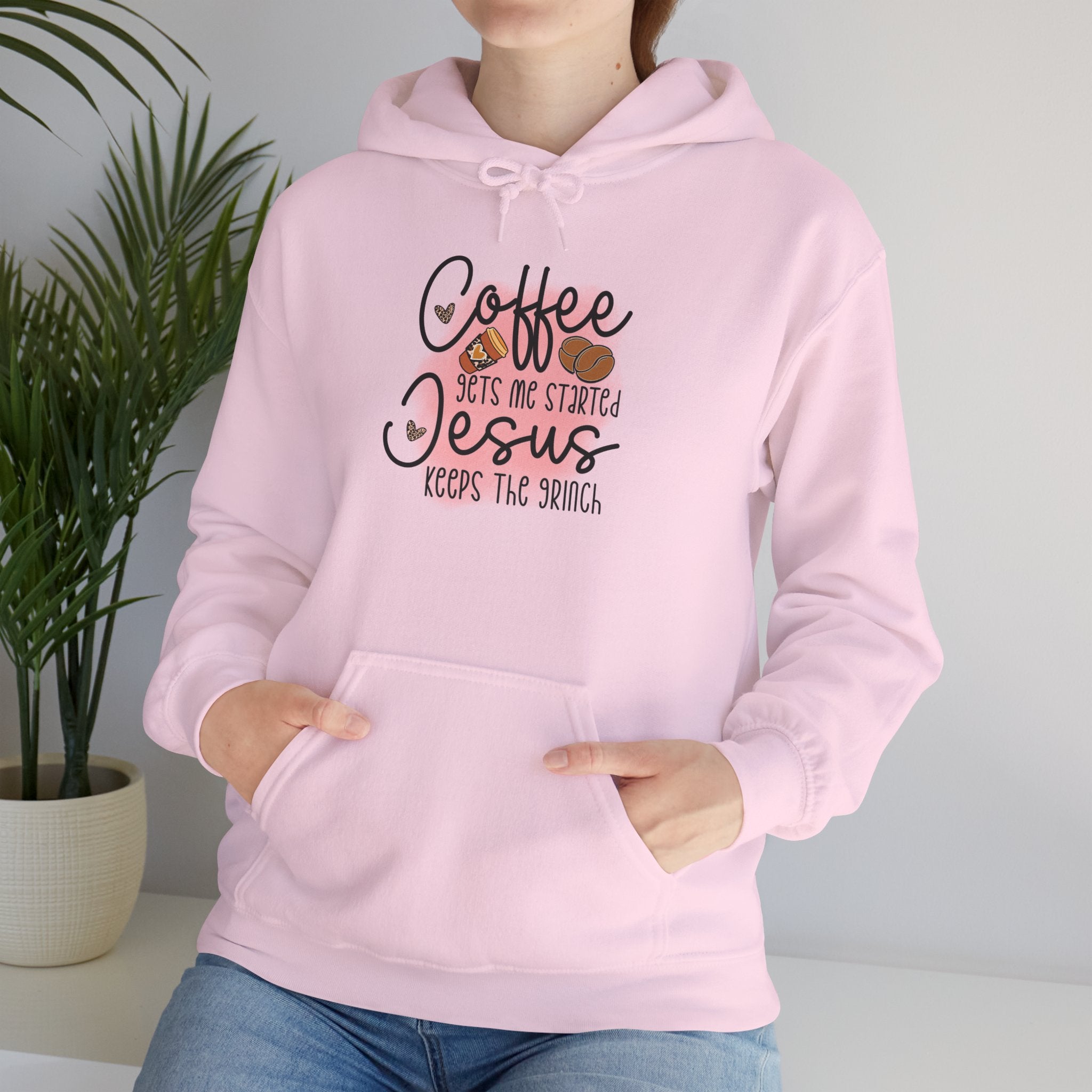 Coffee Jesus Hoodie — "Coffee Gets Me Started, Jesus Keeps The Switch" Christian Graphic Sweatshirt