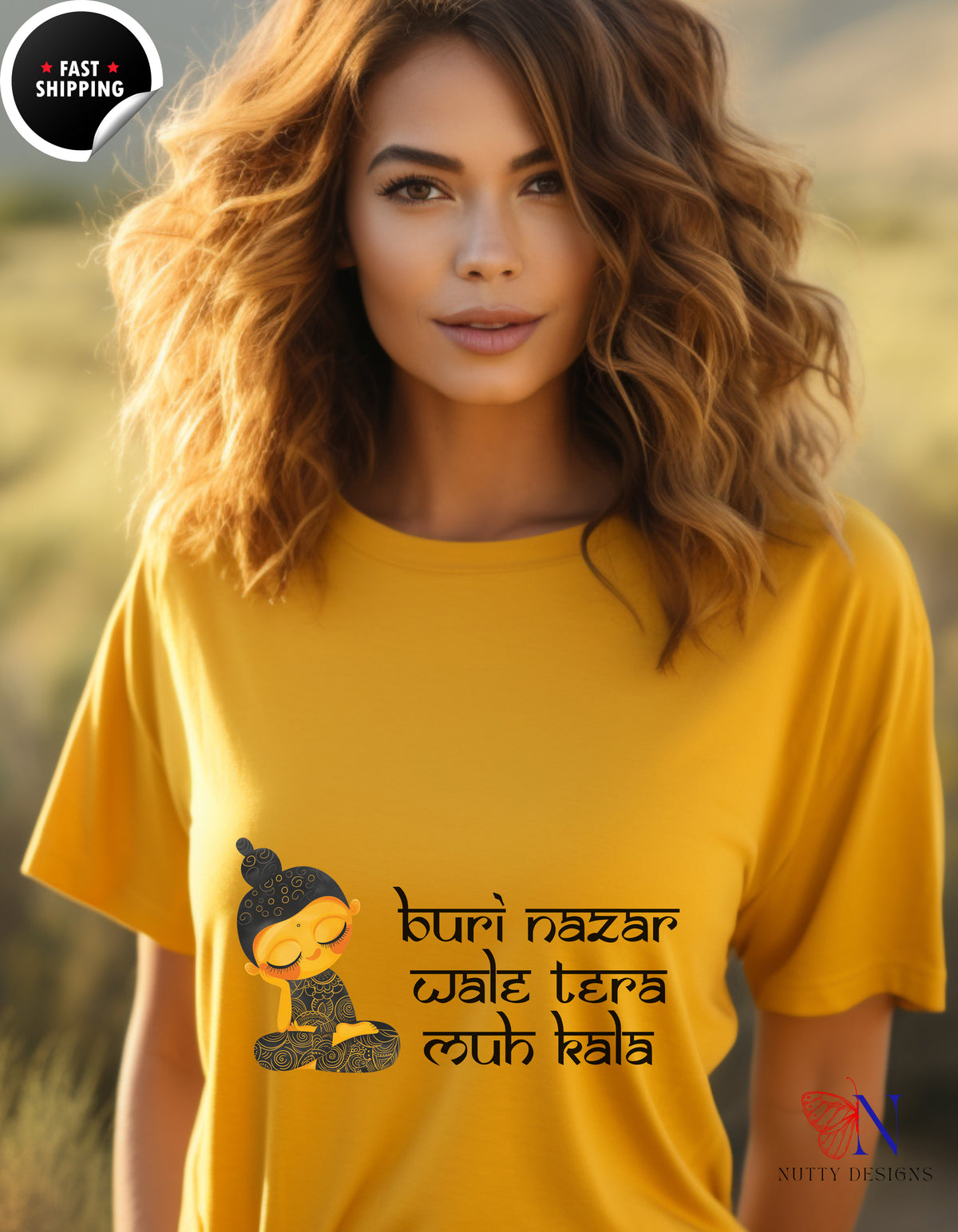 Buri Nazar Wale graphic T-shirt in gold