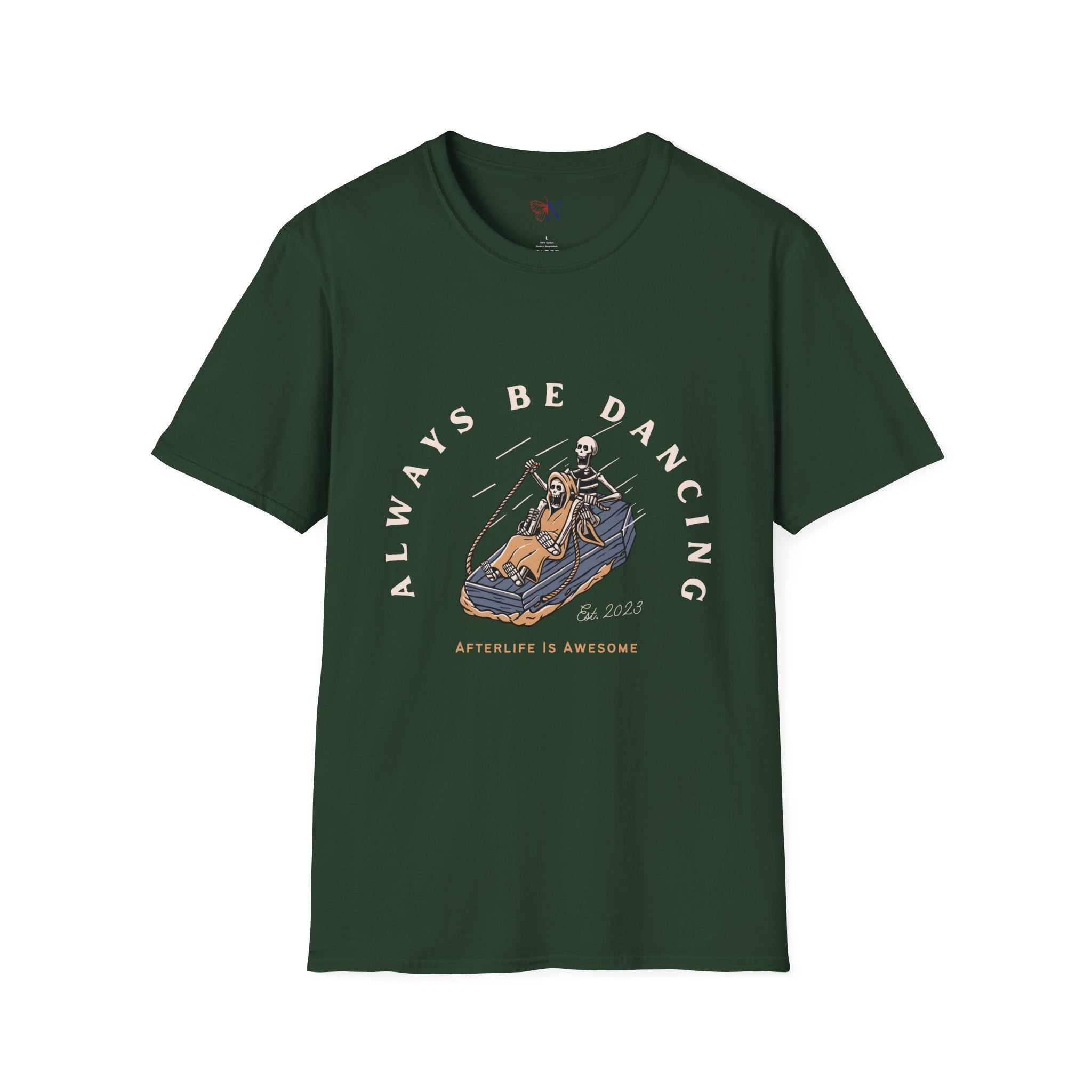 Always Be Dancing Afterlife Is Awesome Funny Skeleton Surfing in a Coffin T-shirt