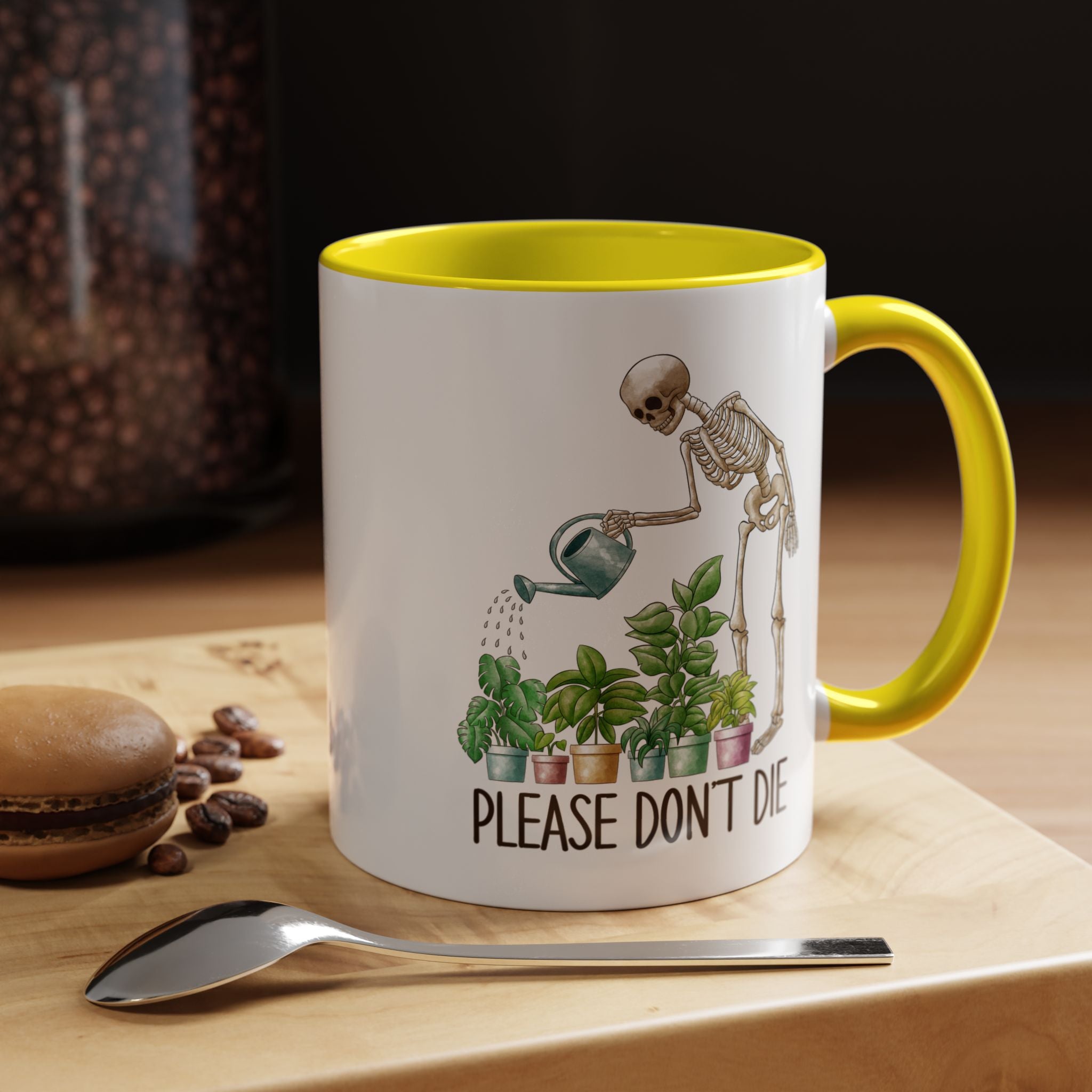 Funny Coffee Mug, Personalized Mug, Skeleton Watering Plants Saying Please Don't Die,  Accent Cup (11, 15oz), Gift Under 20, White Elephant