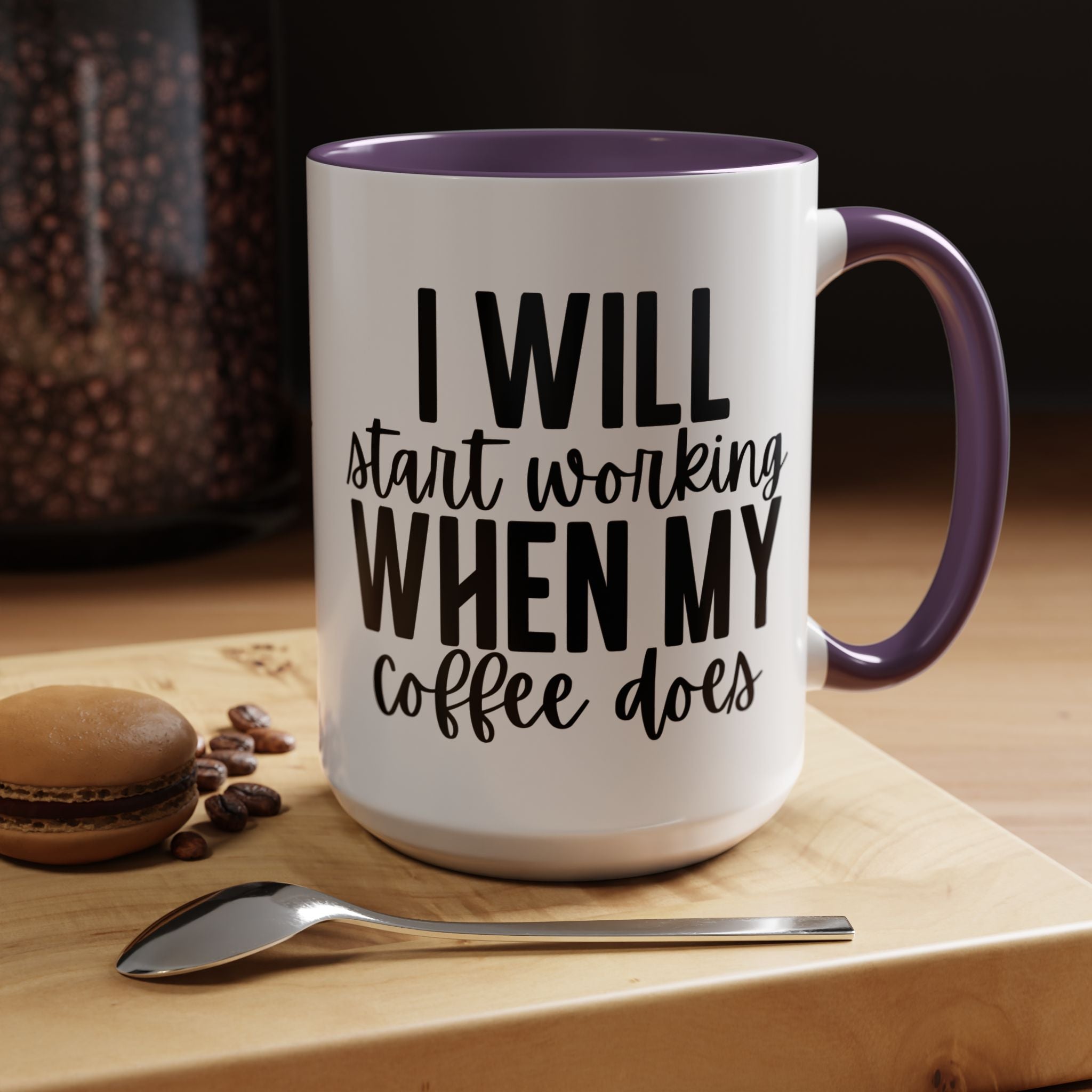 Funny Coffee Mug, Personalized Mug, I Will Start Working When My Coffee Does Accent Cup (11, 15oz), Gift Under 20, White Elephant