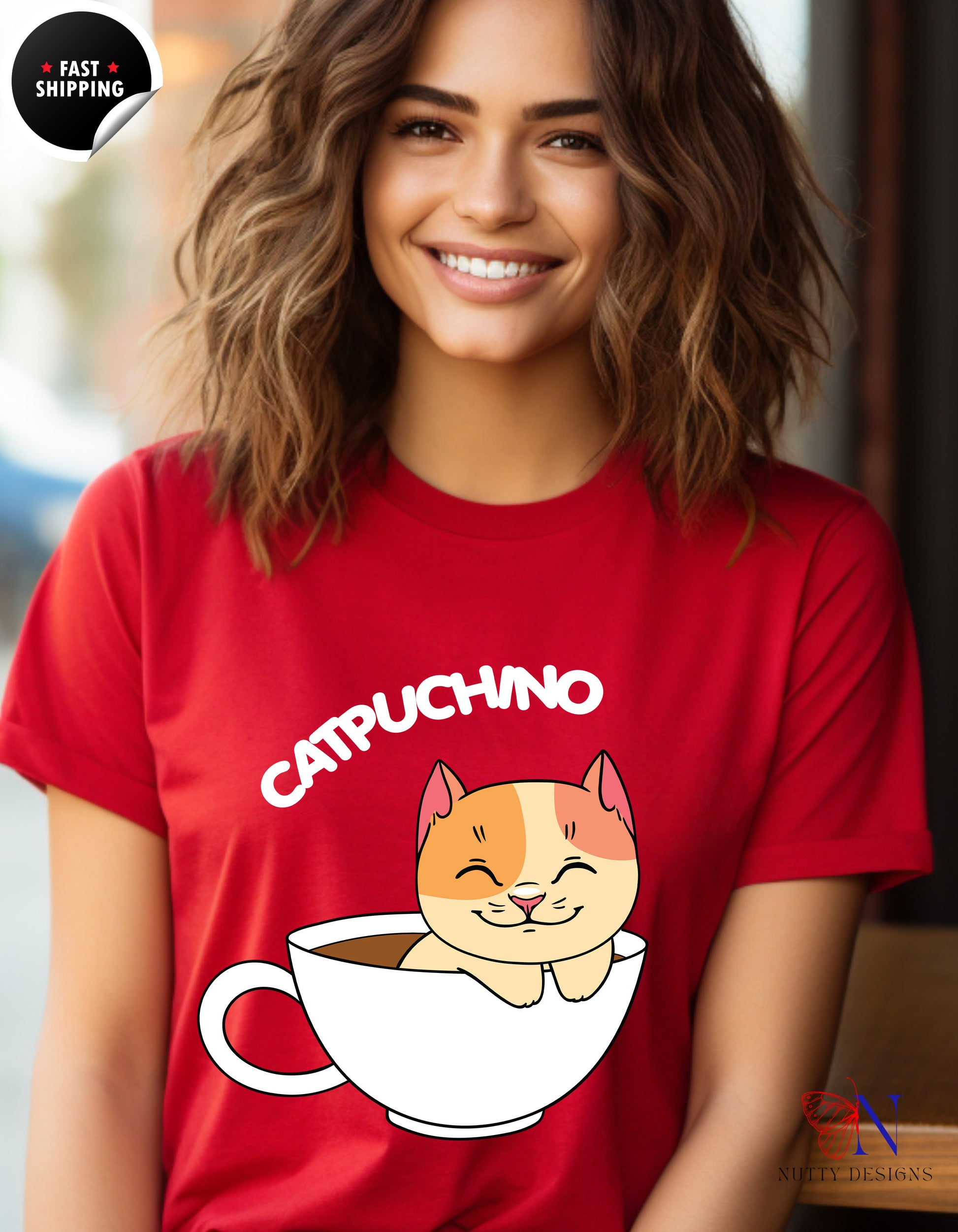 Cat Coffee Lover Shirt, Catpuchino T-Shirt Lifestyle Mockup | Nutty Designs