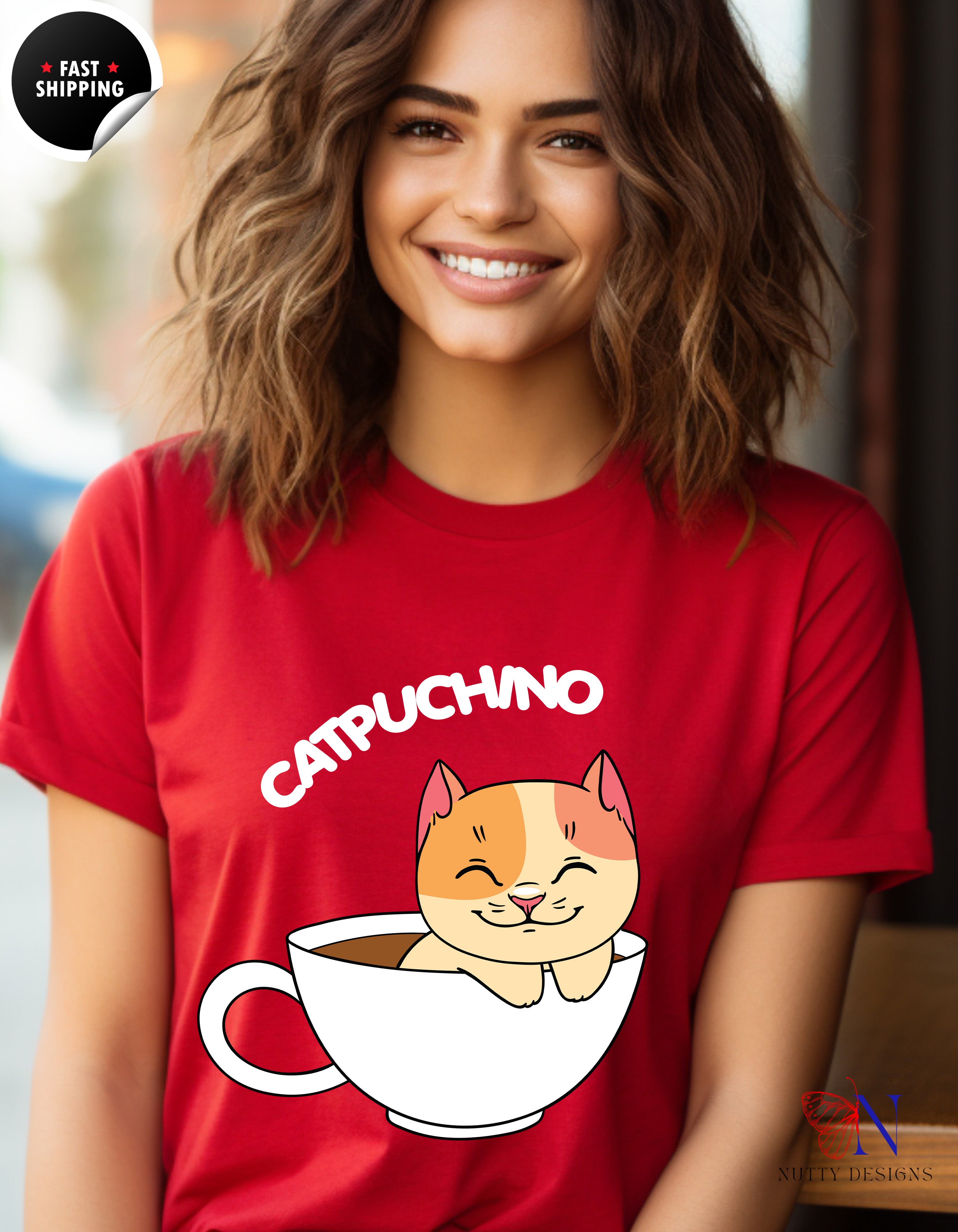 Cat Coffee Lover Shirt, Catpuchino T-Shirt Lifestyle Mockup | Nutty Designs