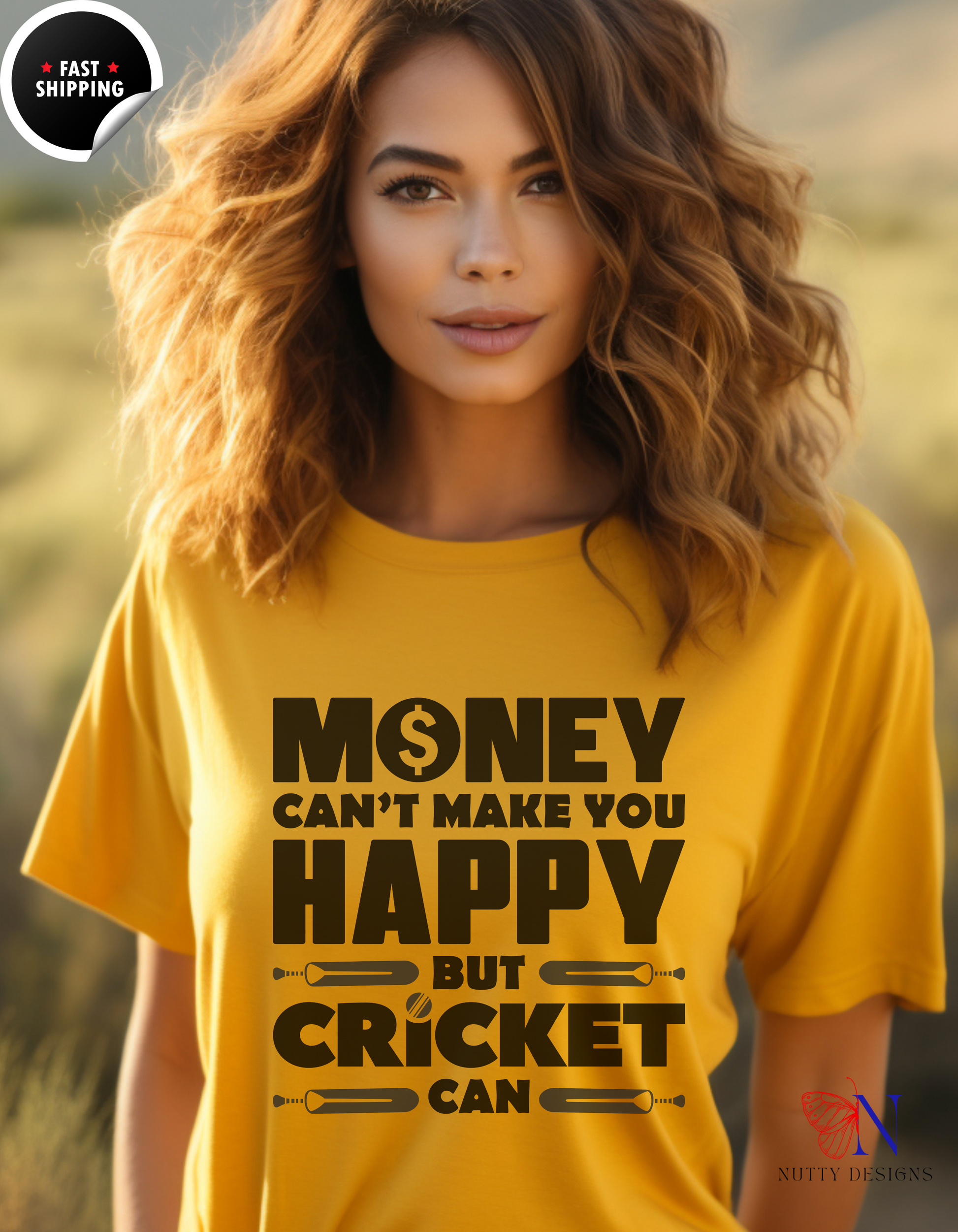 Money can't make you happy but Cricket can, unique T-Shirt Lifestyle Mockup | Nutty Designs
