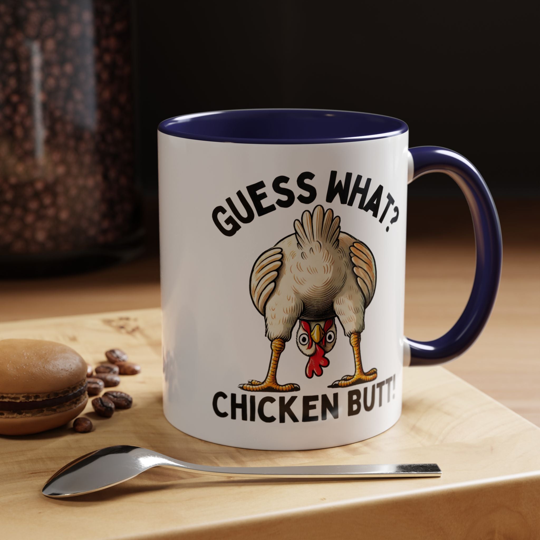 Funny Coffee Mug, Personalized Mug, Guess What Chicken Butt Accent Cup, Gift Under 20, White Elephant gift