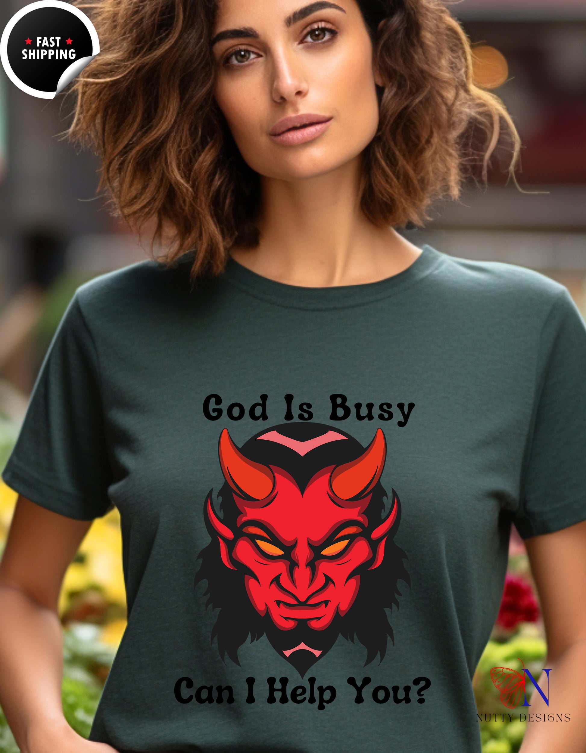 God Is Busy Dark , atheist religious T-Shirt Lifestyle Mockup | Nutty Designs