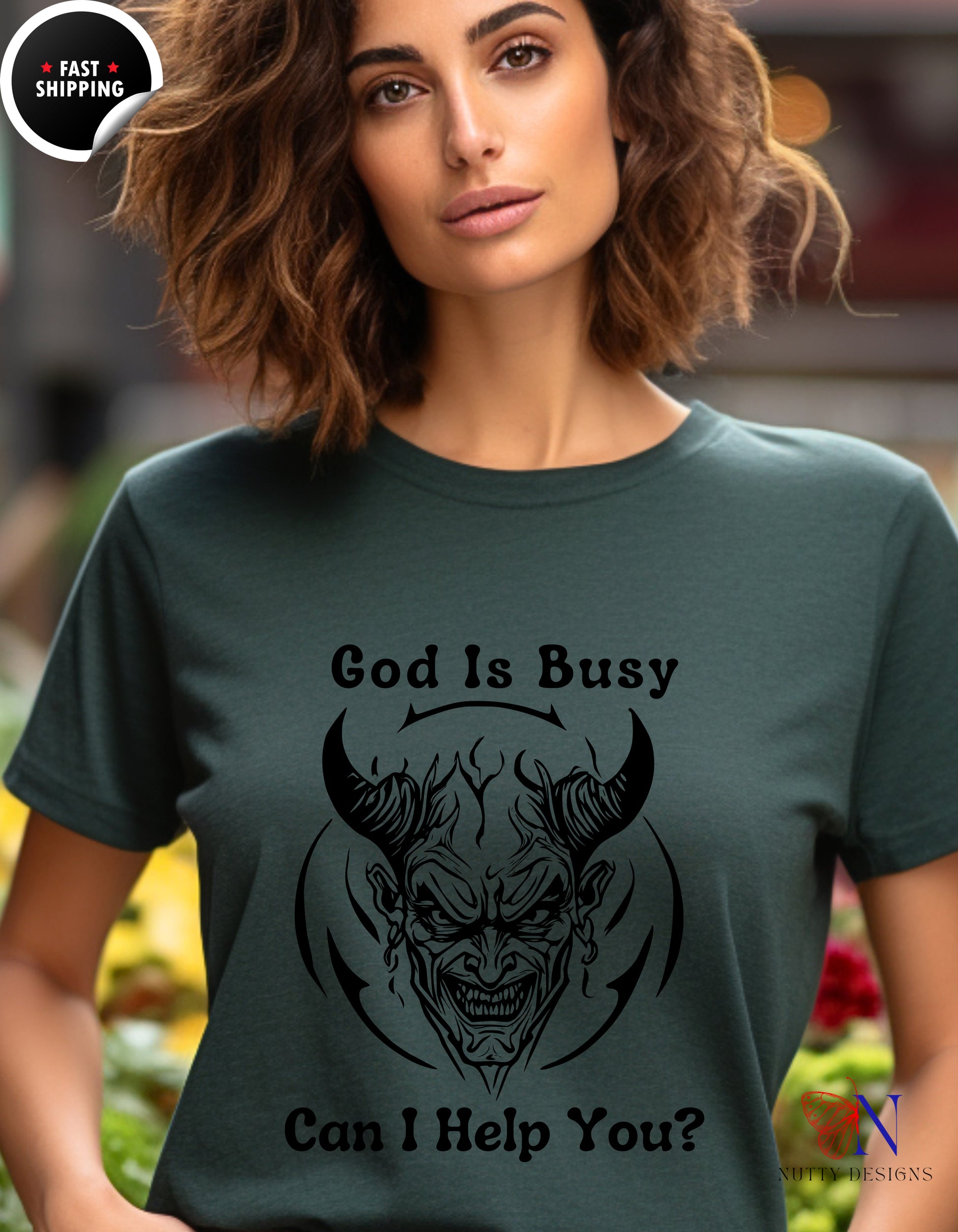 God Is Busy Dark , atheist religious T-Shirt Lifestyle Mockup | Nutty Designs