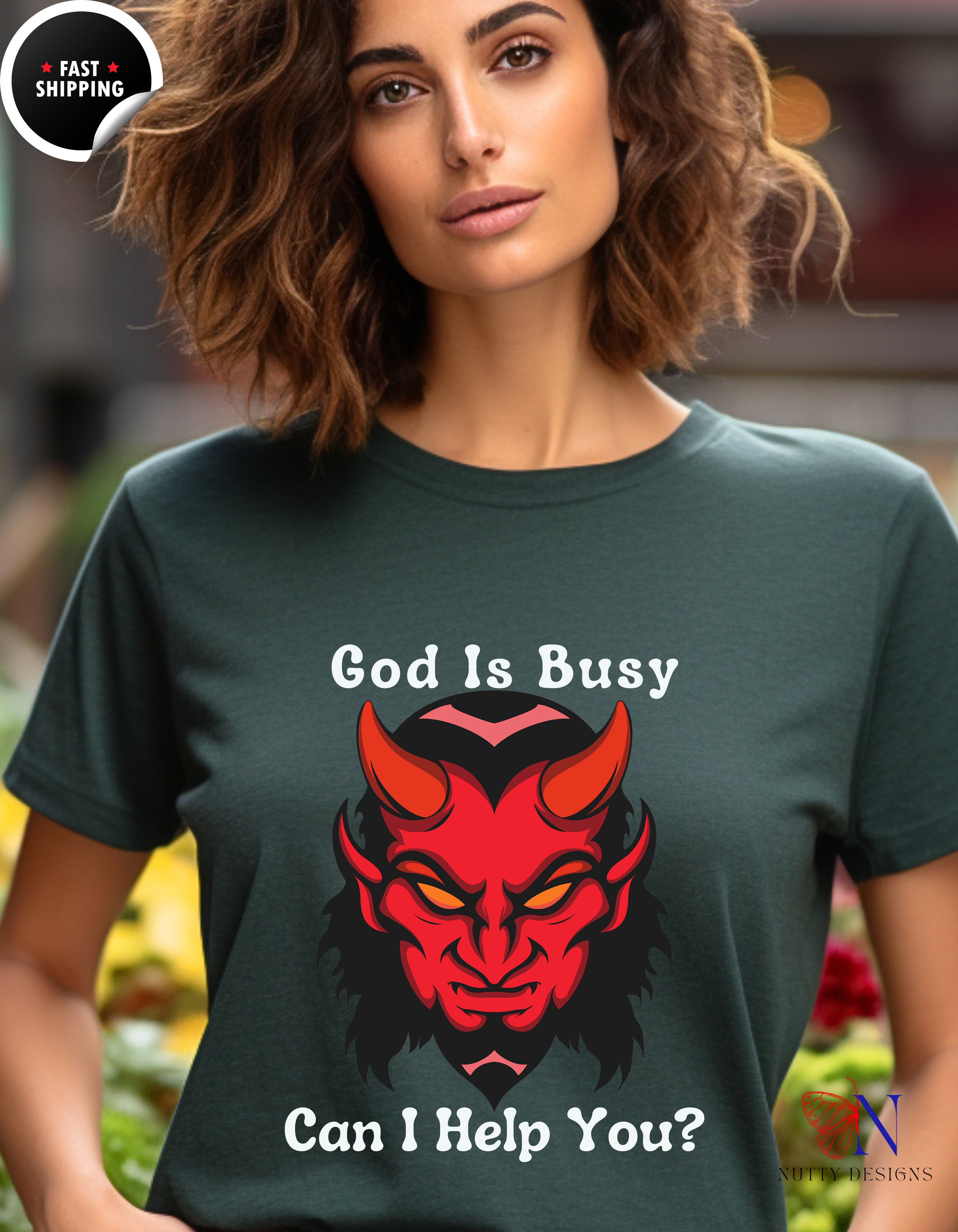 God Is Busy Dark , atheist religious T-Shirt Lifestyle Mockup | Nutty Designs