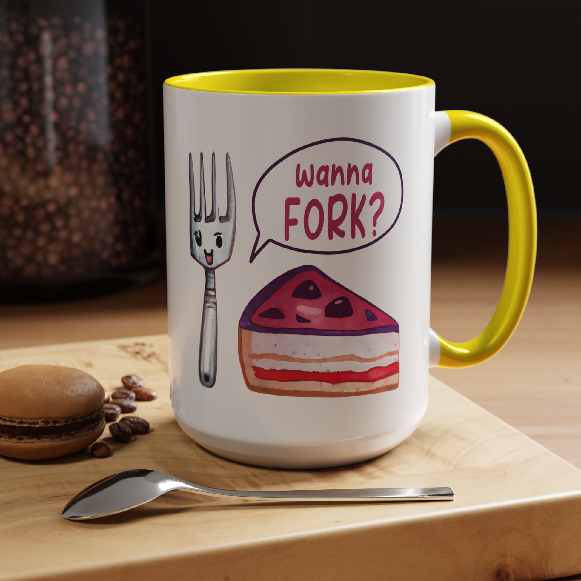Wanna Fork? Cute Cake & Fork Illustration Mug Lifestyle Mockup | Nutty Designs