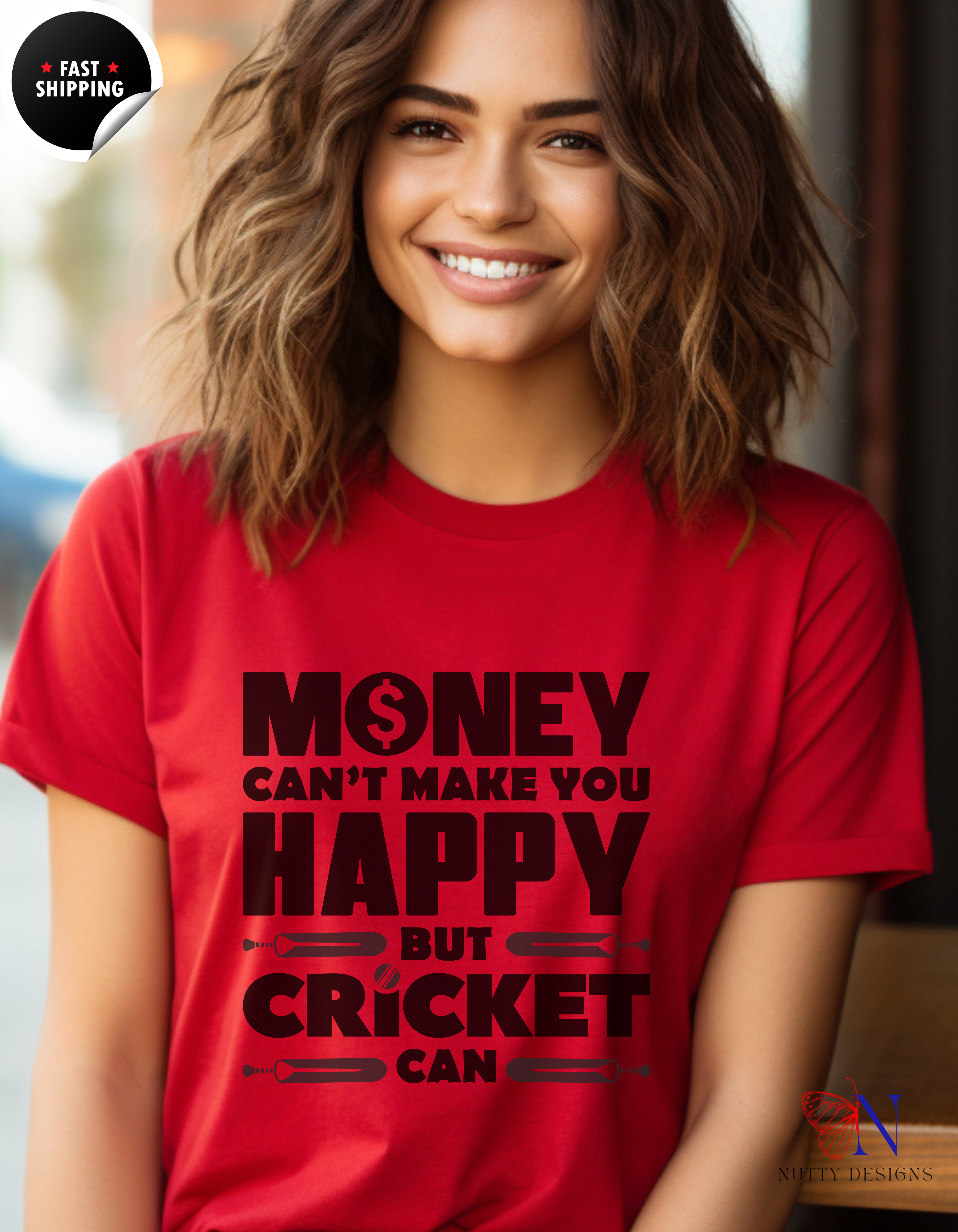 Money can't make you happy but Cricket can, unique T-Shirt Lifestyle Mockup | Nutty Designs