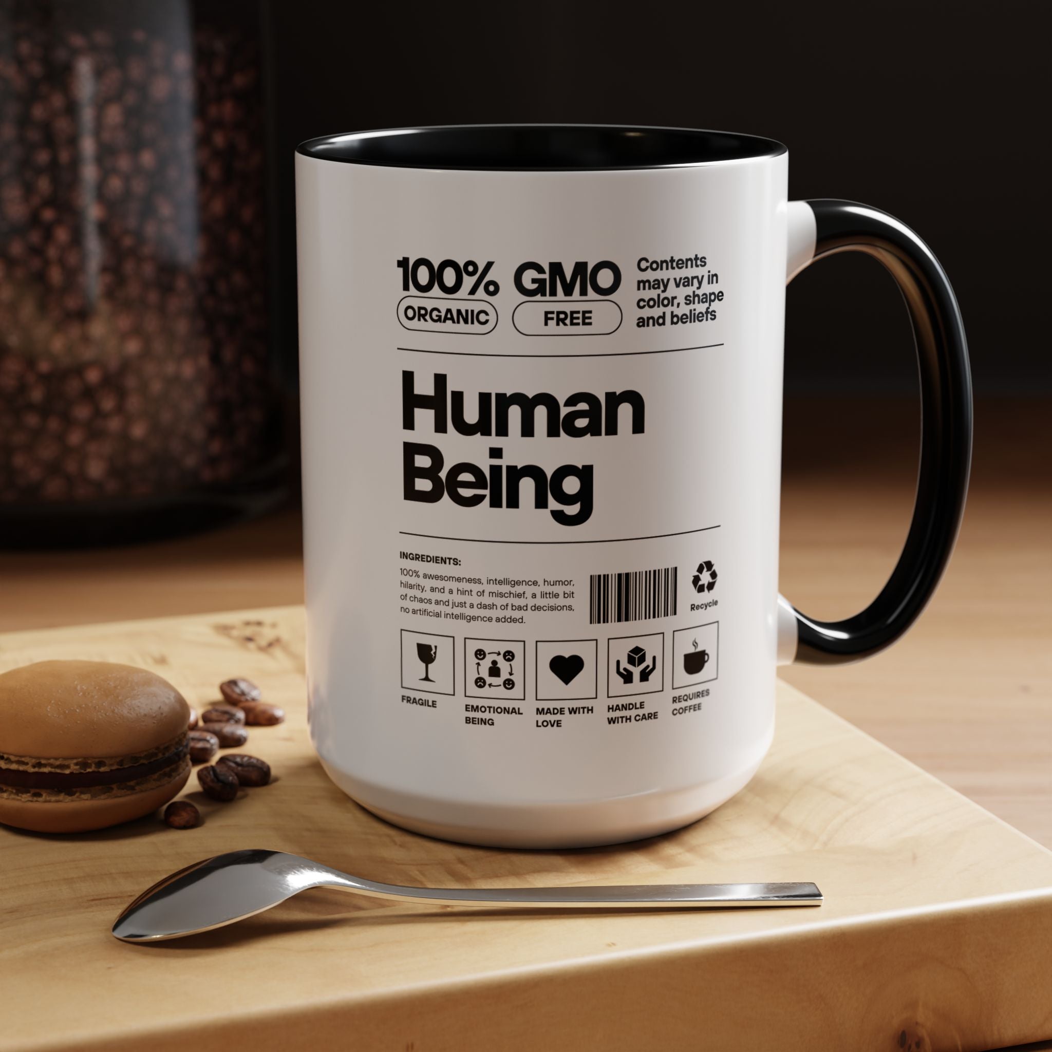 Personalized Mug, Human Being Nutrition Facts Accent Cup (11, 15oz), Gift Under 20, White Elephant gift