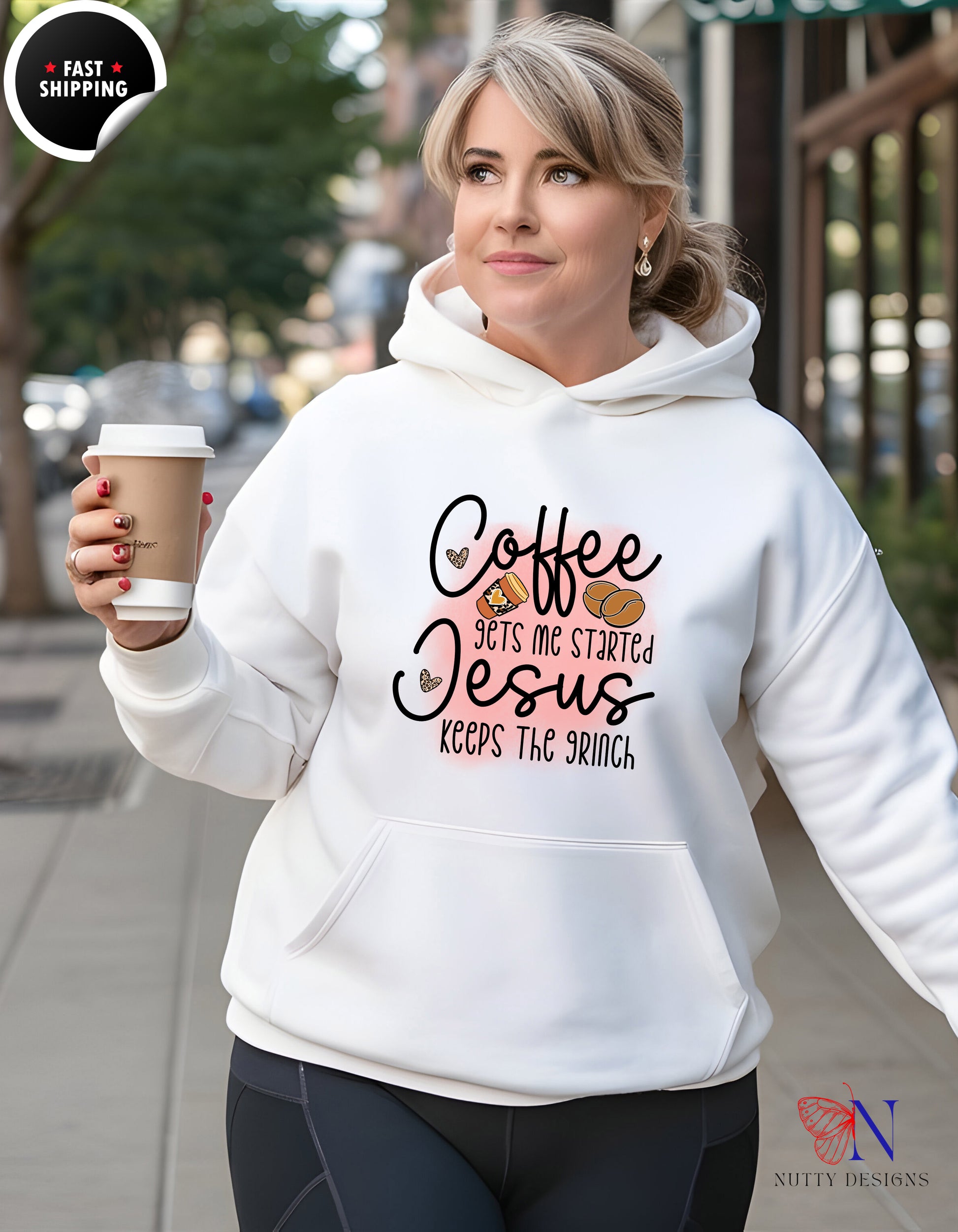 Coffee Jesus — "Coffee Gets Me Started, Jesus Keeps The Hoodie Lifestyle Mockup | Nutty Designs