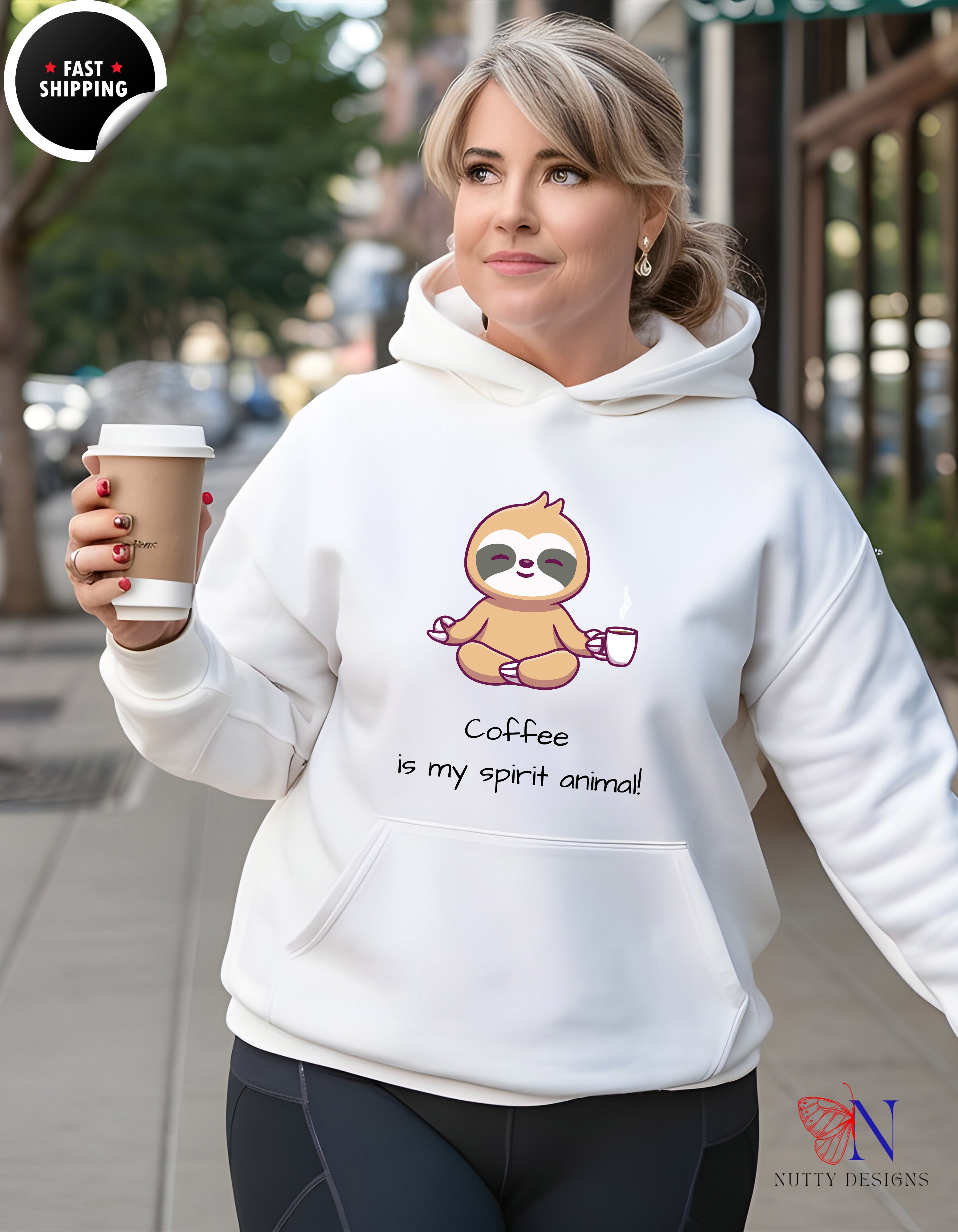 Sloth Coffee — "Coffee is my spirit animal" Cute Cozy Pullover Hoodie Lifestyle Mockup | Nutty Designs