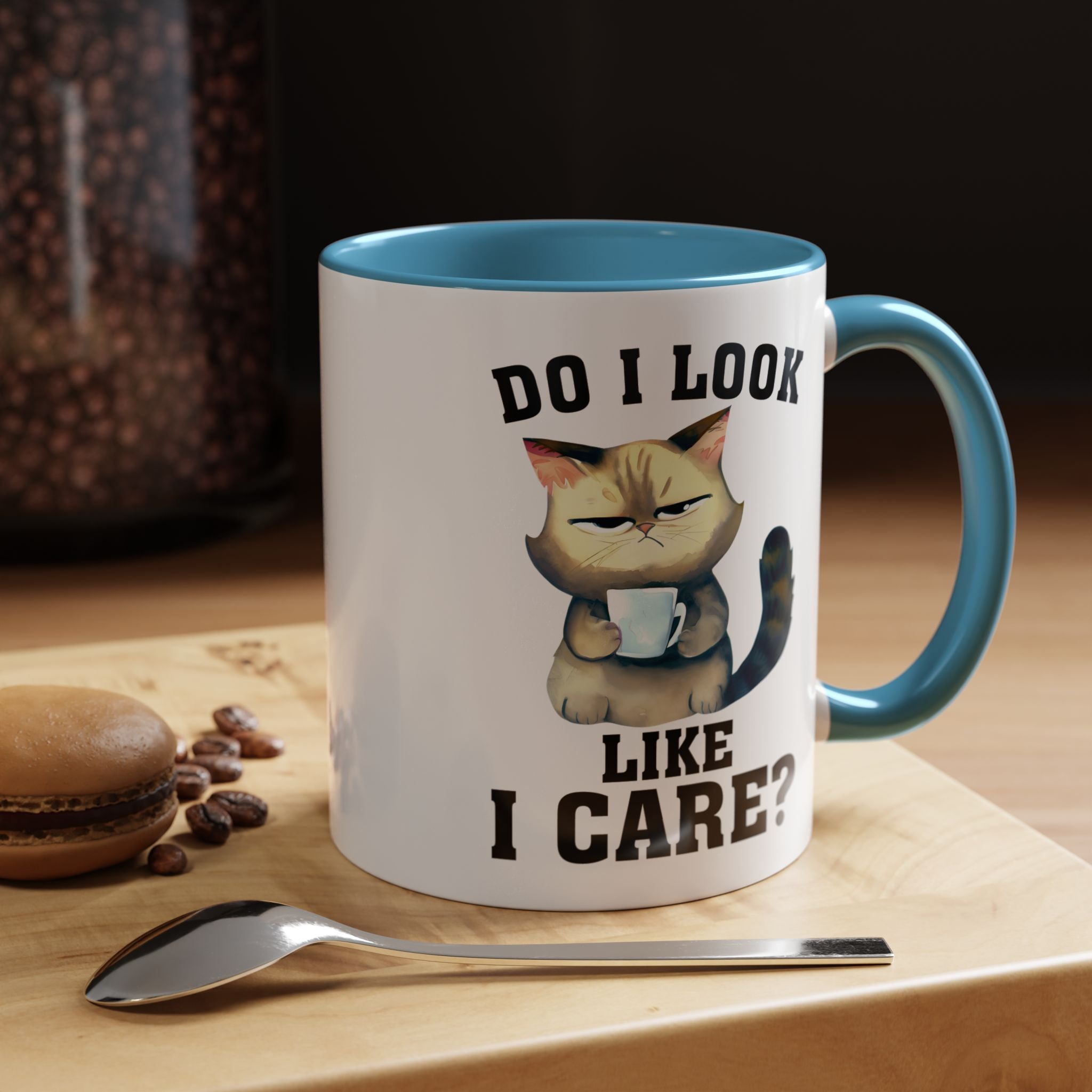 Funny Coffee Mug, Personalized Mug, Grumpy Cat DO I Look Like I Care Accent Cup (11, 15oz), Gift Under 20, White Elephant gift