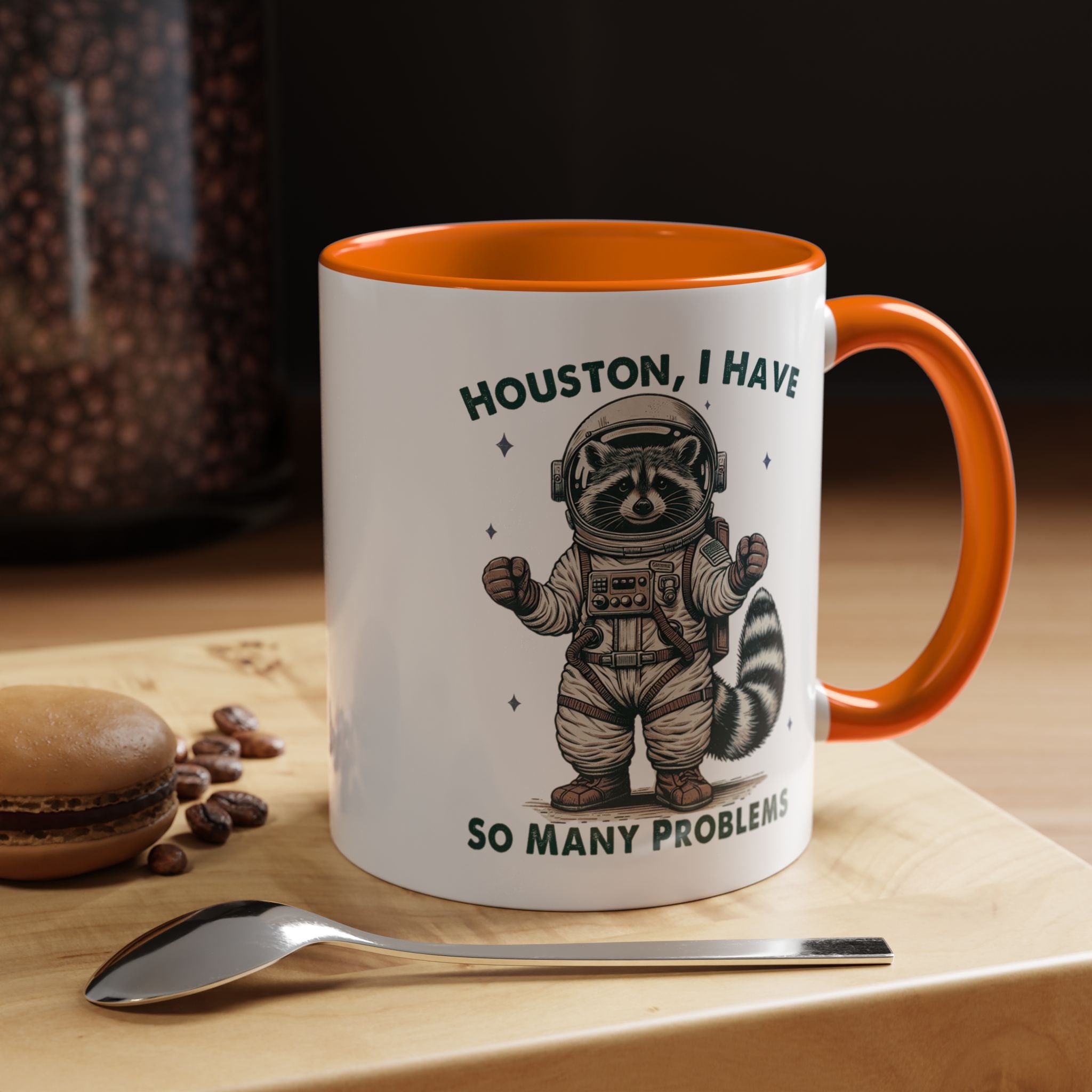 Funny Coffee Mug, Personalized Mug, Funny Racoon Houston I Have So Many Problems,  Accent Cup (11, 15oz), Gift Under 20, White Elephant gift