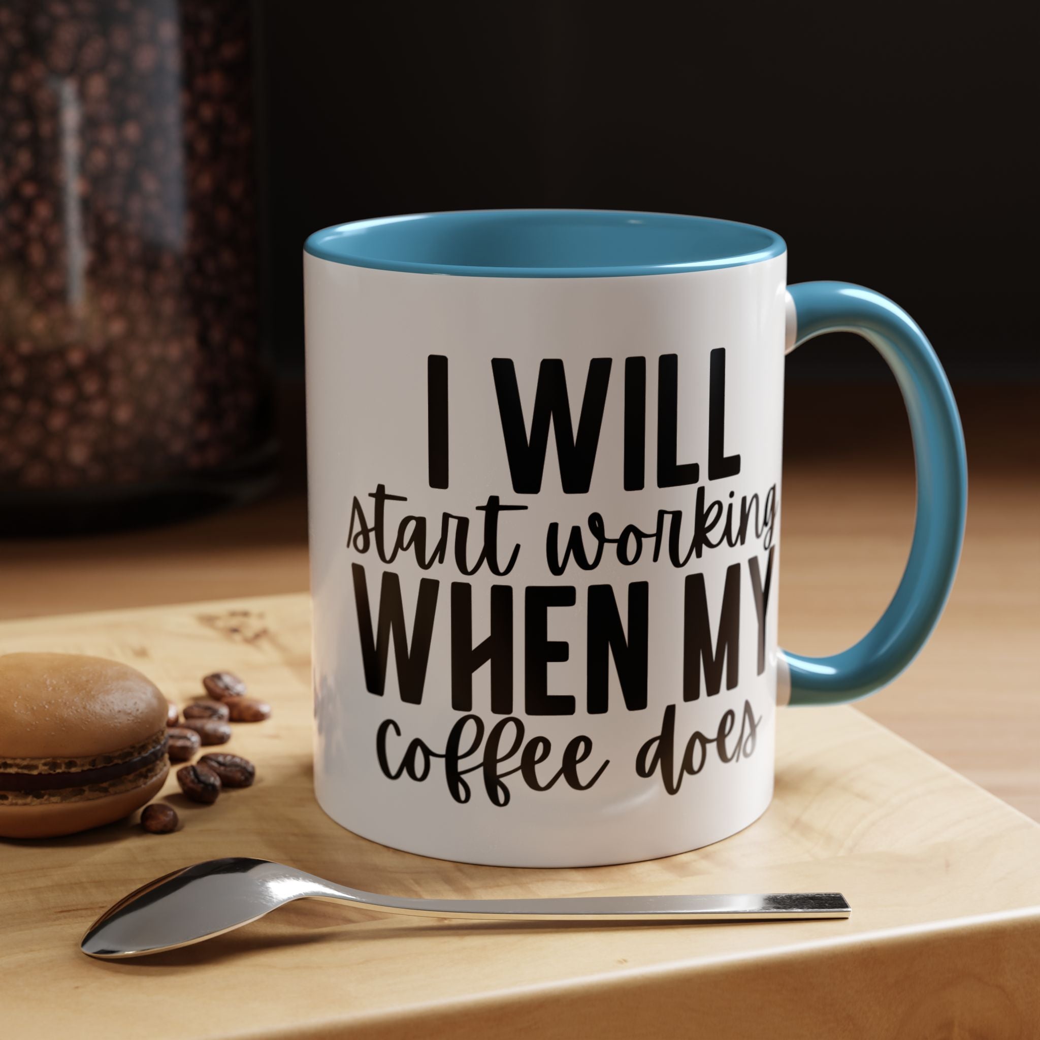 Funny Coffee Mug, Personalized Mug, I Will Start Working When My Coffee Does Accent Cup (11, 15oz), Gift Under 20, White Elephant