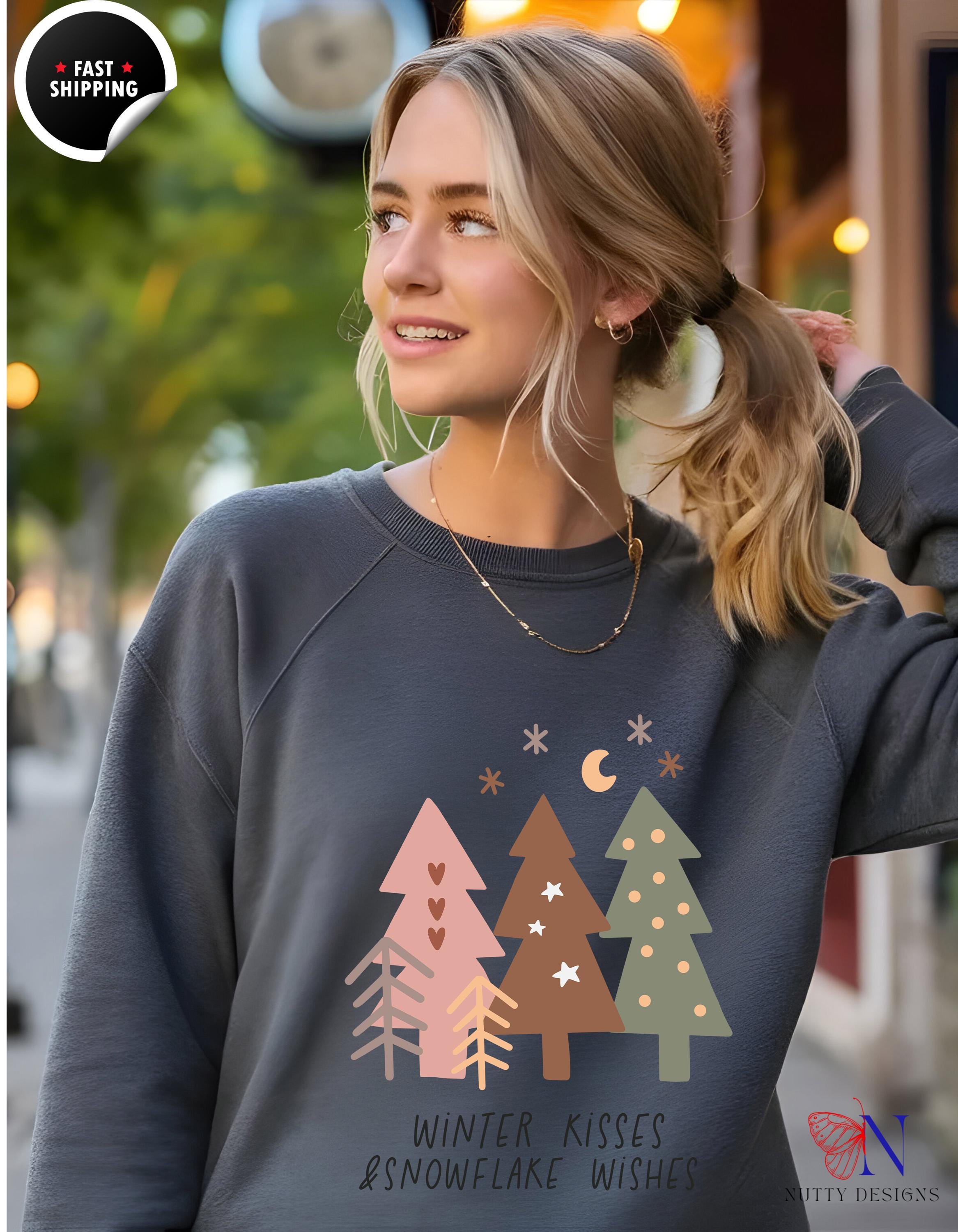 Boho Sweatshirt: Winter Kisses & Snowflake Wishes, Cozy Christmas Apparel, Holiday Gift for Her, Trendy Winterwear