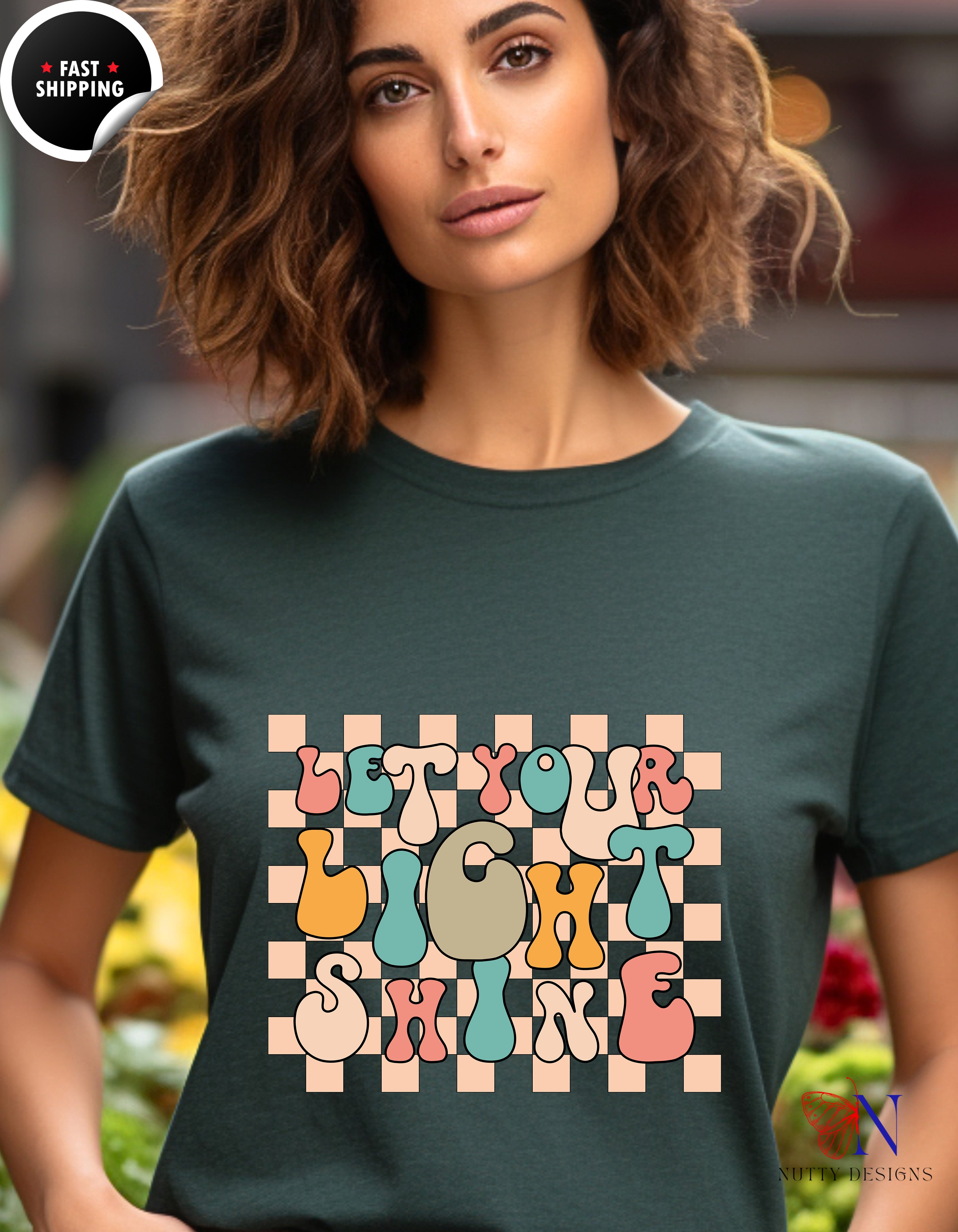 Let your Light Shine retro , inspirational , Positive T-Shirt Lifestyle Mockup | Nutty Designs