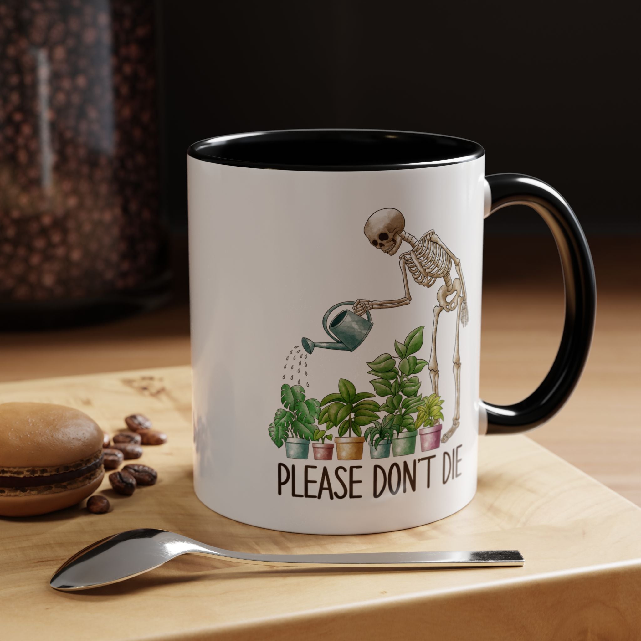 Funny Coffee Mug, Personalized Mug, Skeleton Watering Plants Saying Please Don't Die,  Accent Cup (11, 15oz), Gift Under 20, White Elephant